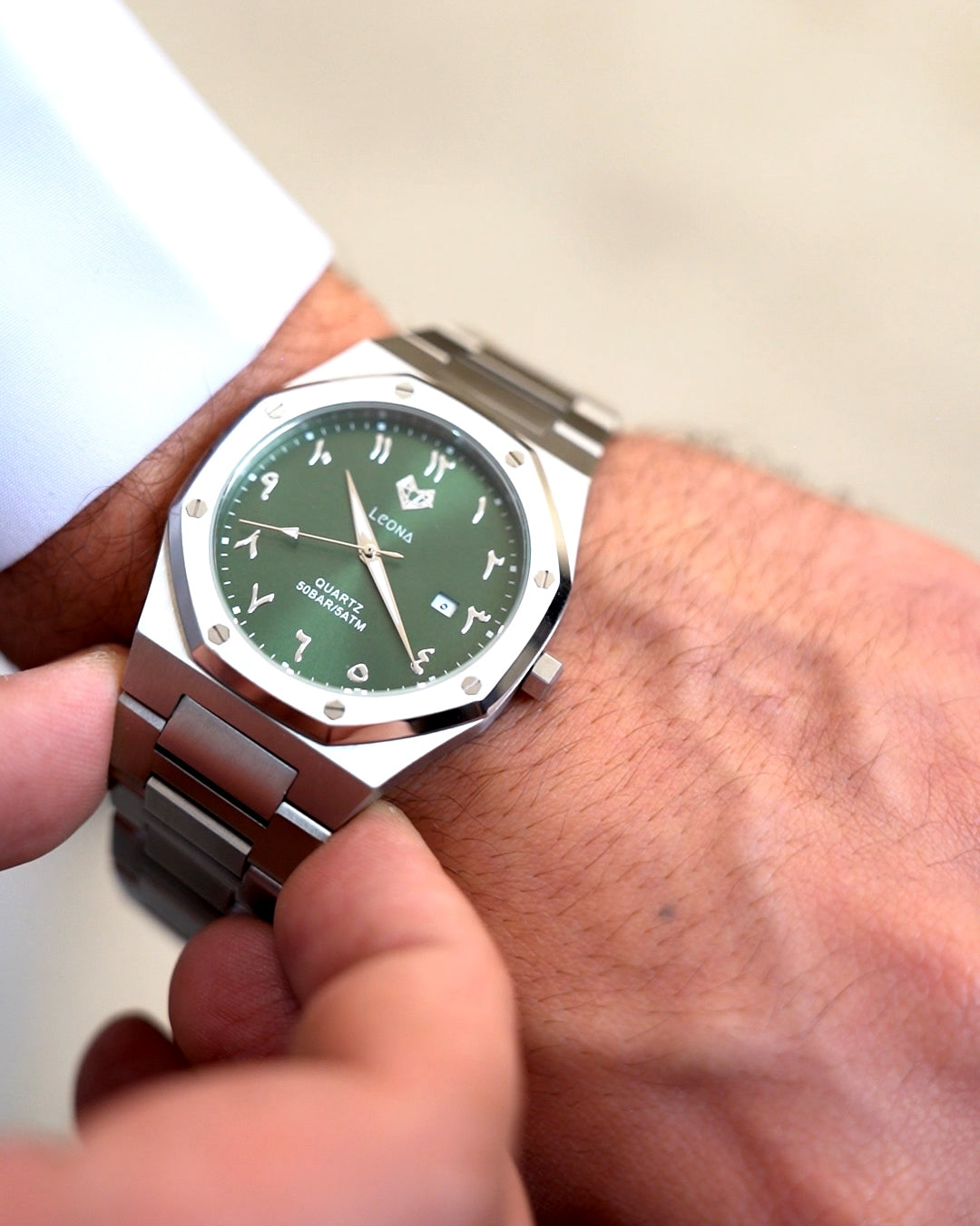 Royal Men's Watch Green – 40mm Arabic Dial, Full Steel, Japanese Quartz ,Waterproof, Ultra Thin - Leona Jewelry