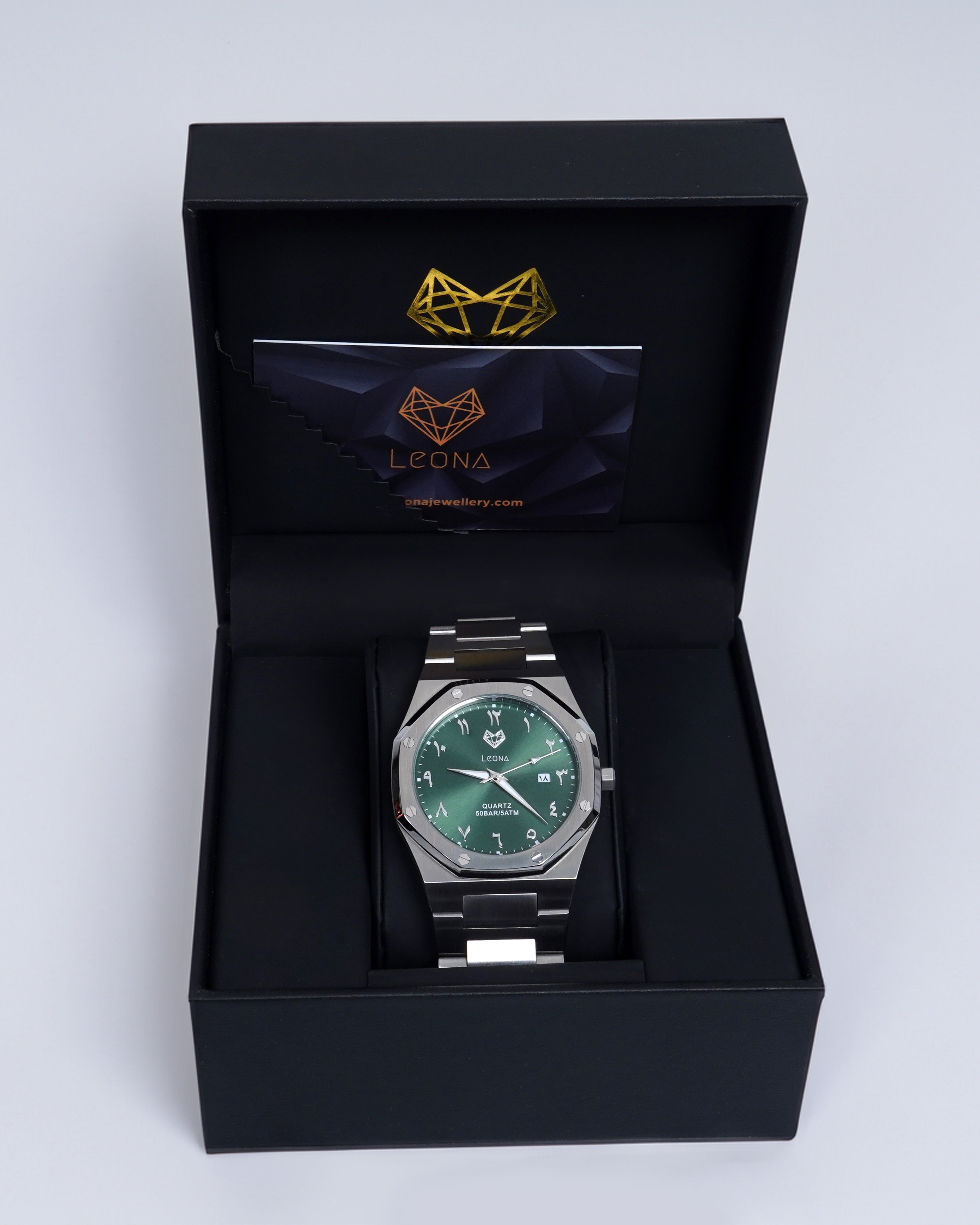 Royal Men's Watch Green – 40mm Arabic Dial, Full Steel, Japanese Quartz ,Waterproof, Ultra Thin - Leona Jewelry