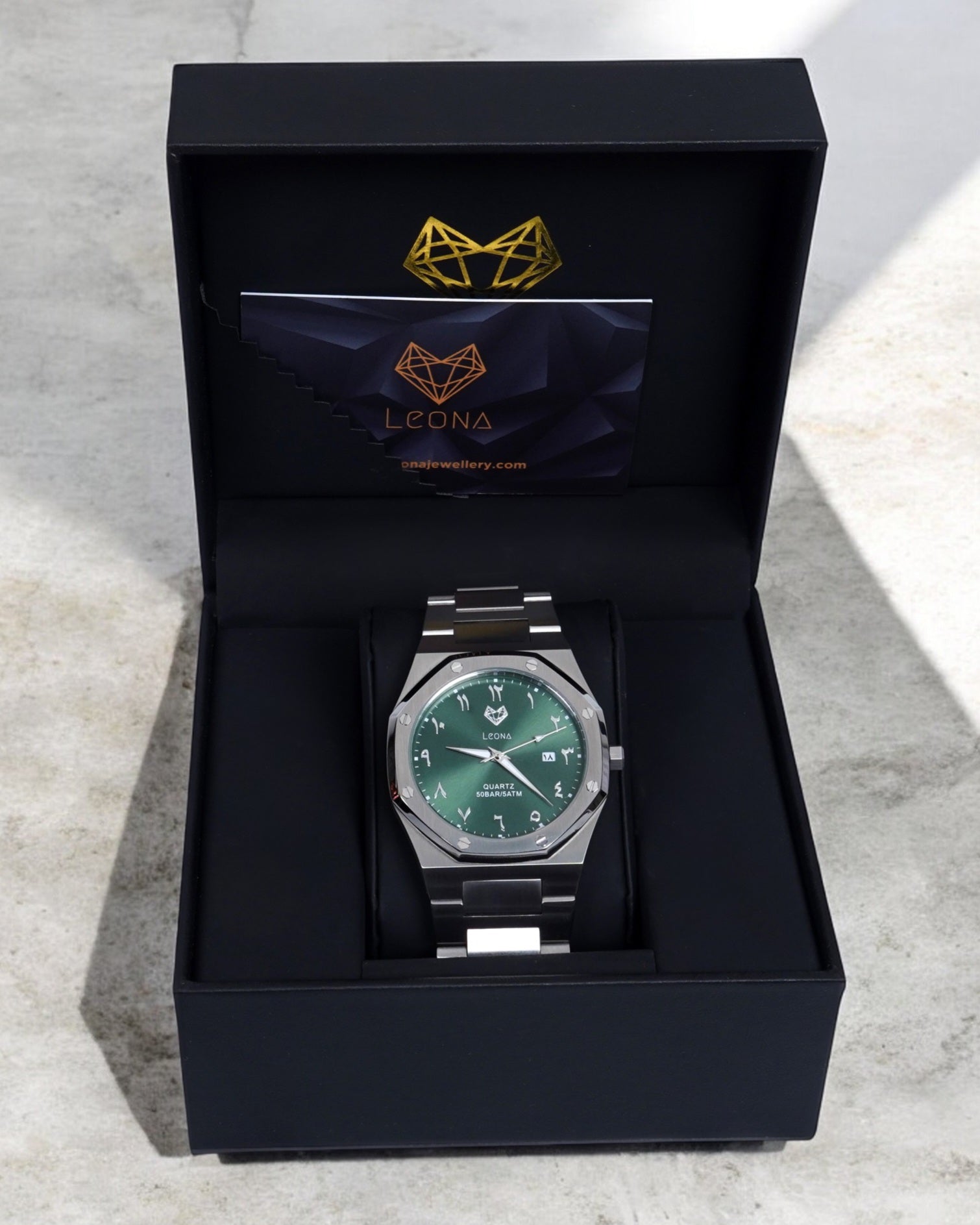 Royal Men's Watch Green – 40mm Arabic Dial, Full Steel, Japanese Quartz ,Waterproof, Ultra Thin - Leona Jewelry