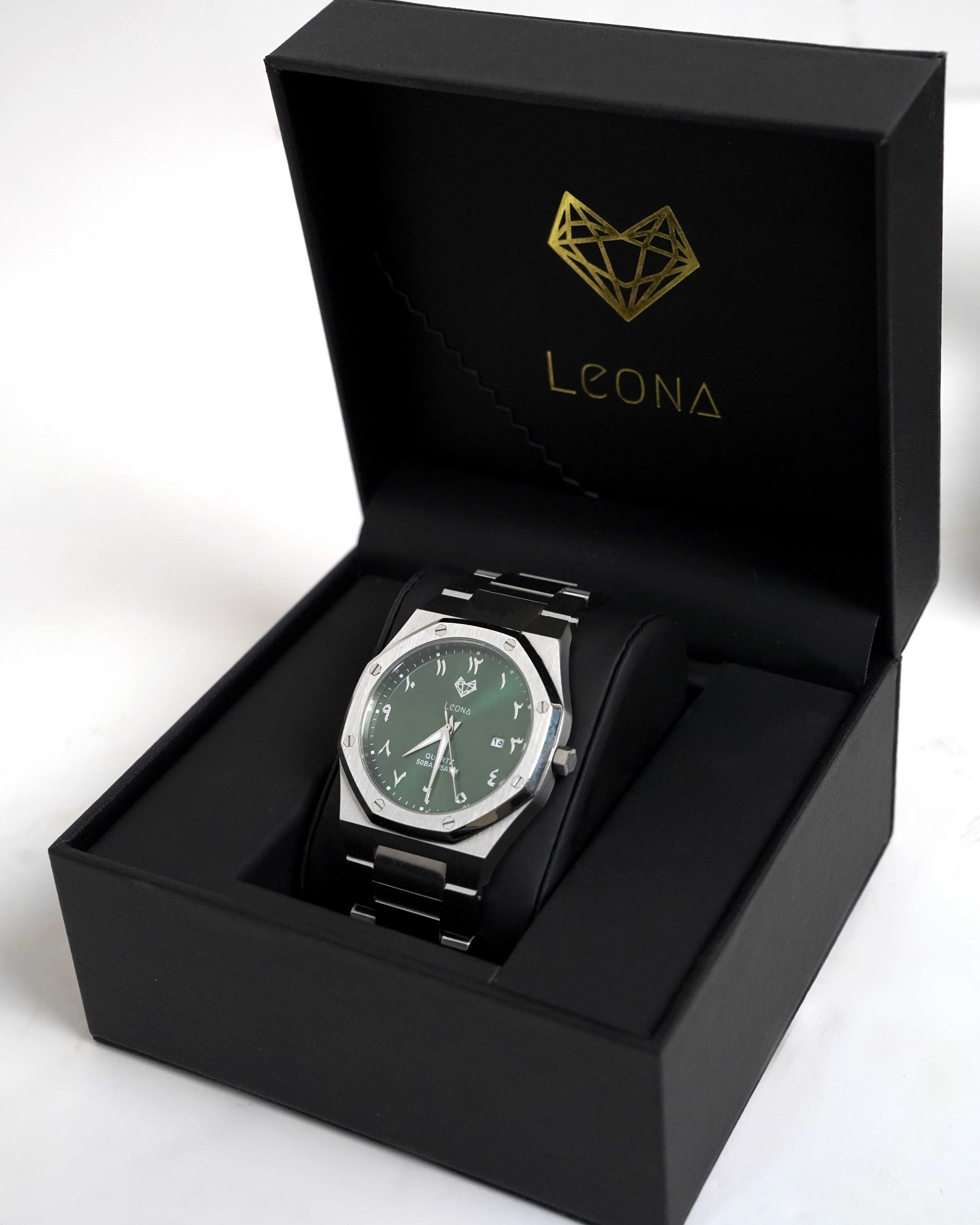 Royal Men's Watch Green – 40mm Arabic Dial, Full Steel, Japanese Quartz ,Waterproof, Ultra Thin - Leona Jewelry