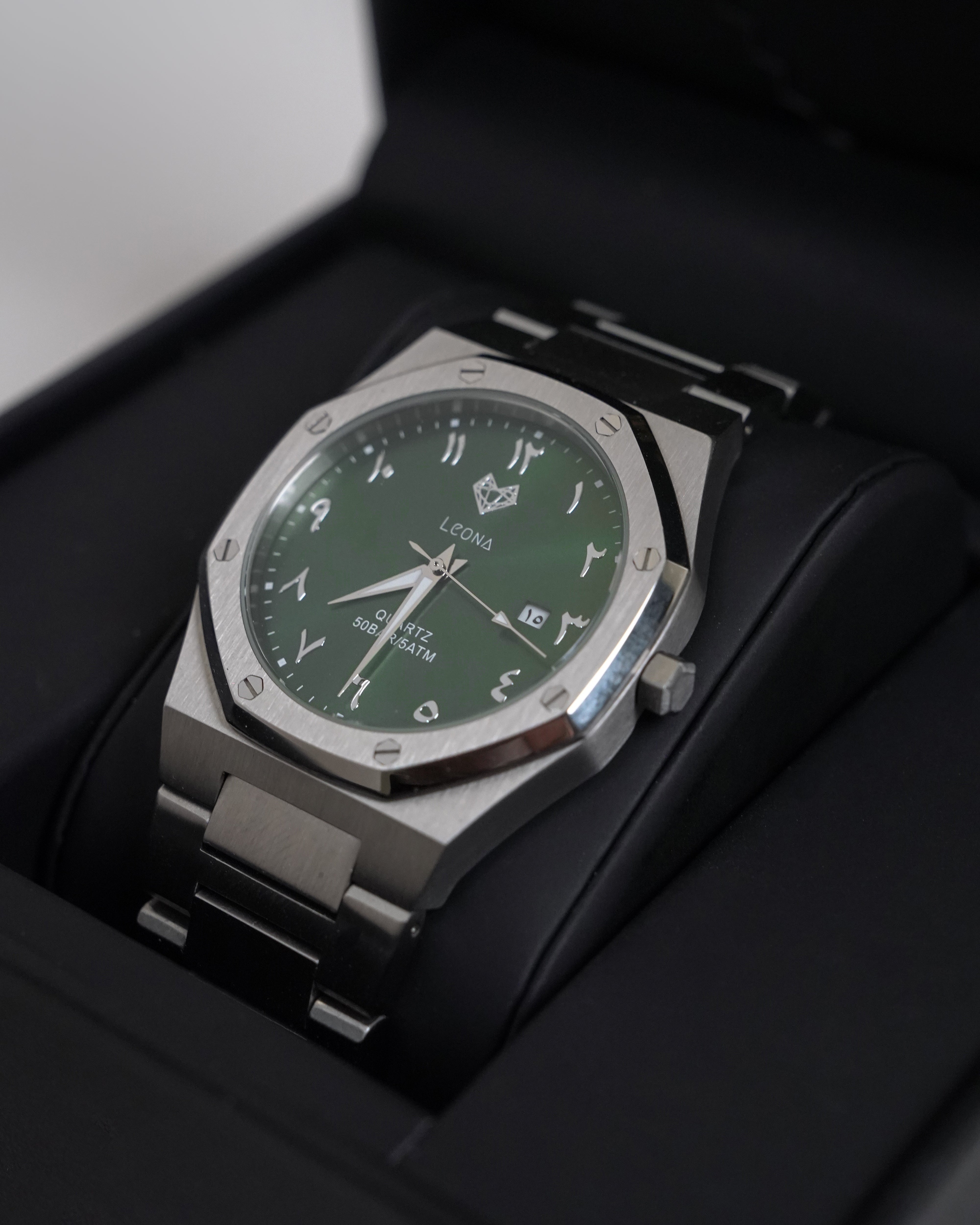 Royal Men's Watch Green – 40mm Arabic Dial, Full Steel, Japanese Quartz ,Waterproof, Ultra Thin - Leona Jewelry