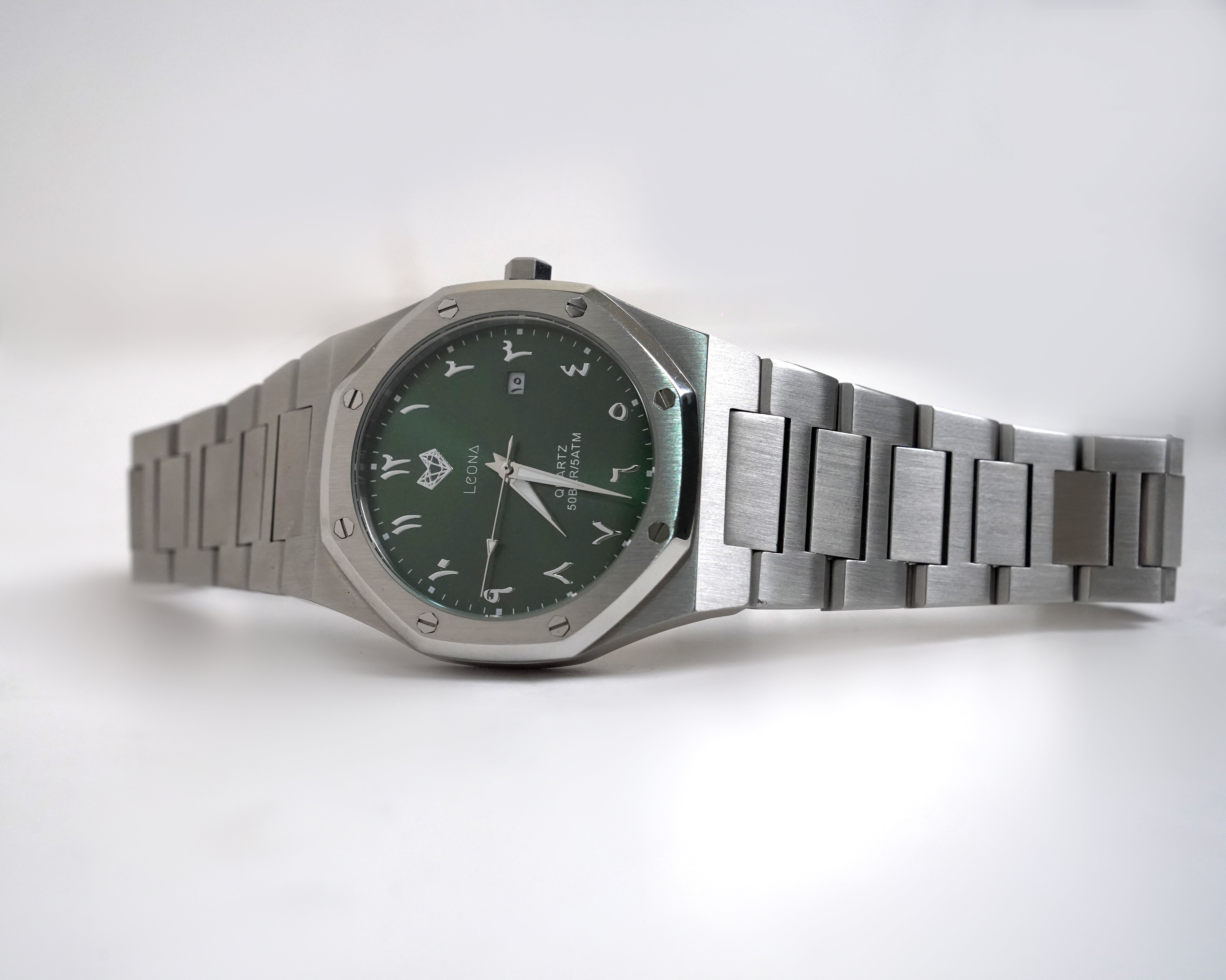 Royal Men's Watch Green – 40mm Arabic Dial, Full Steel, Japanese Quartz ,Waterproof, Ultra Thin - Leona Jewelry