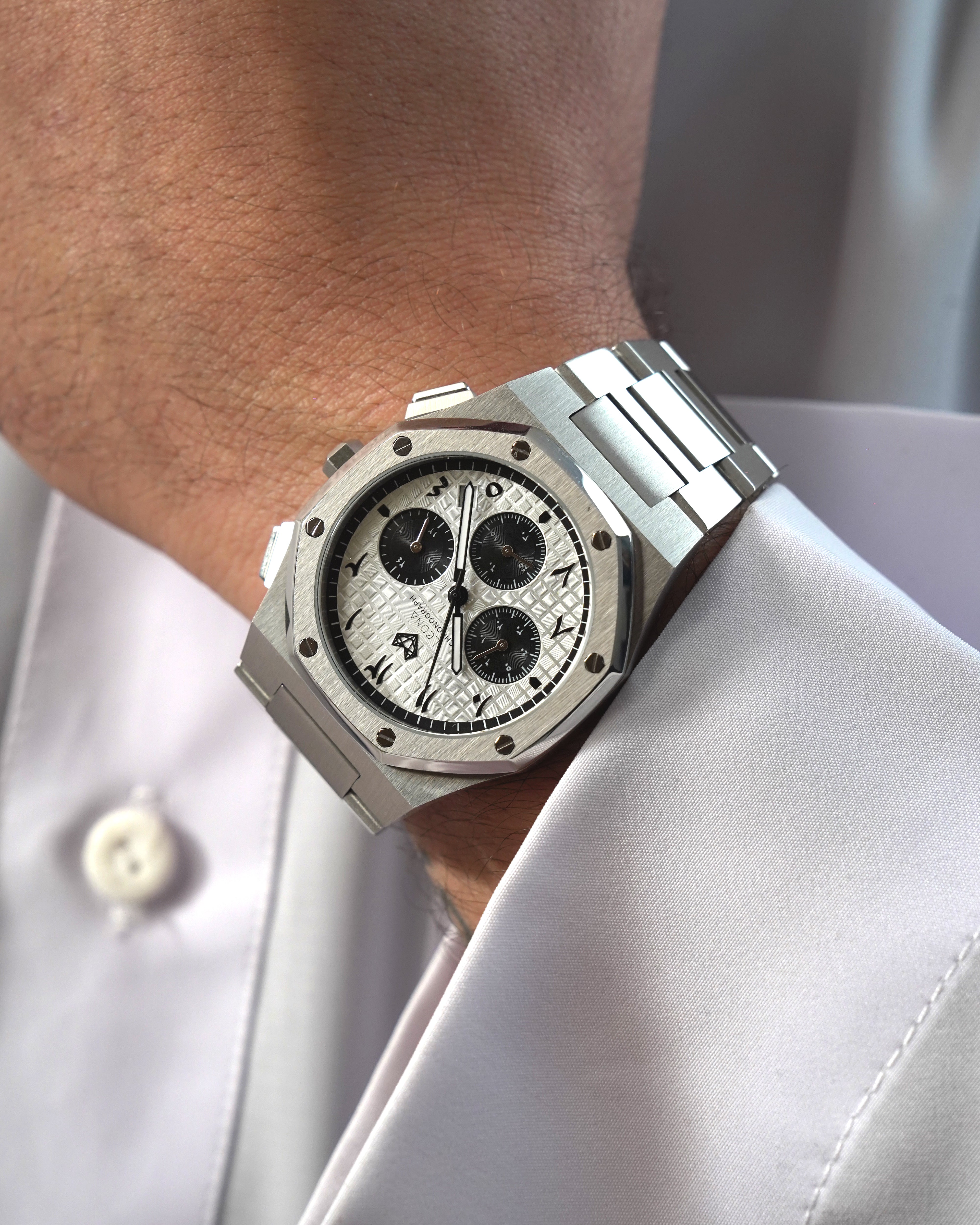 Royal Chronograph Men's Watch White (Panda) – 40mm Arabic Dial, Full Steel, Japanese Quartz ,Waterproof - Leona Jewelry