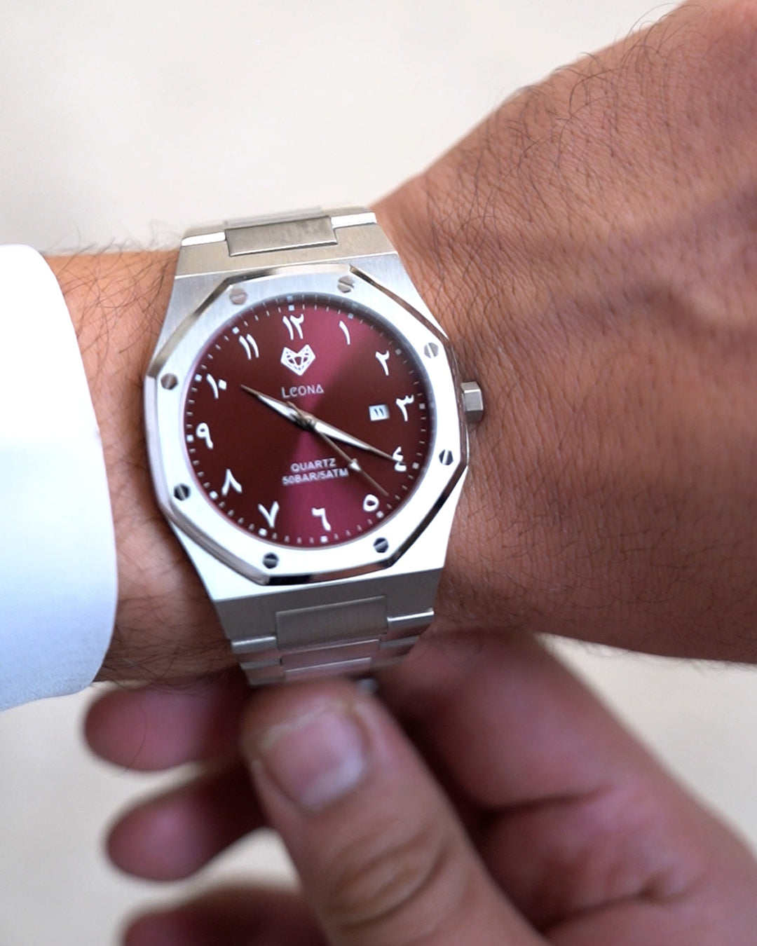 Royal Men's Watch Red – 40mm Arabic Dial, Full Steel, Japanese Quartz ,Waterproof, Ultra Thin - Leona Jewelry