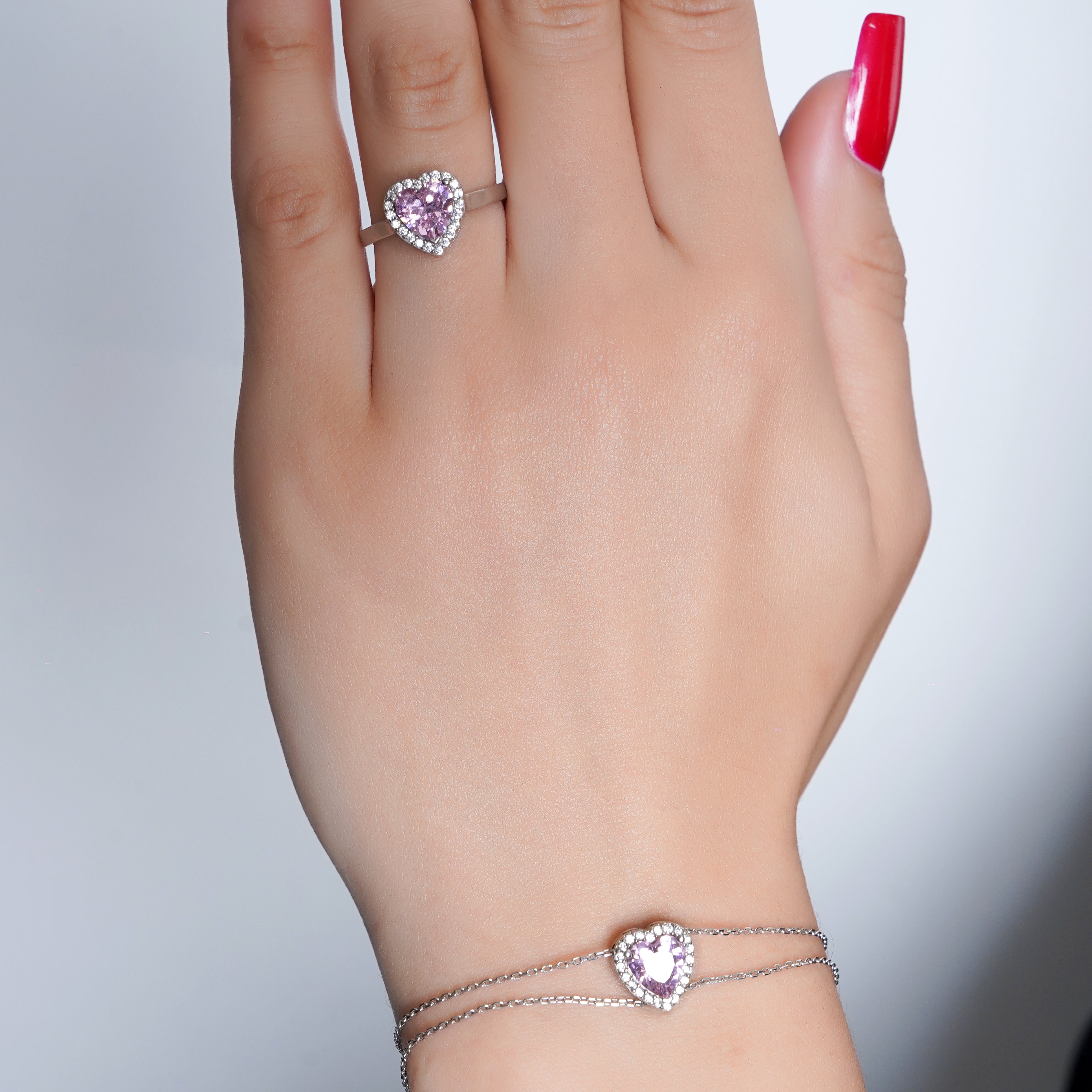 925 Silver Pink Heart Jewelry Set (Silver) - Leona Jewelry