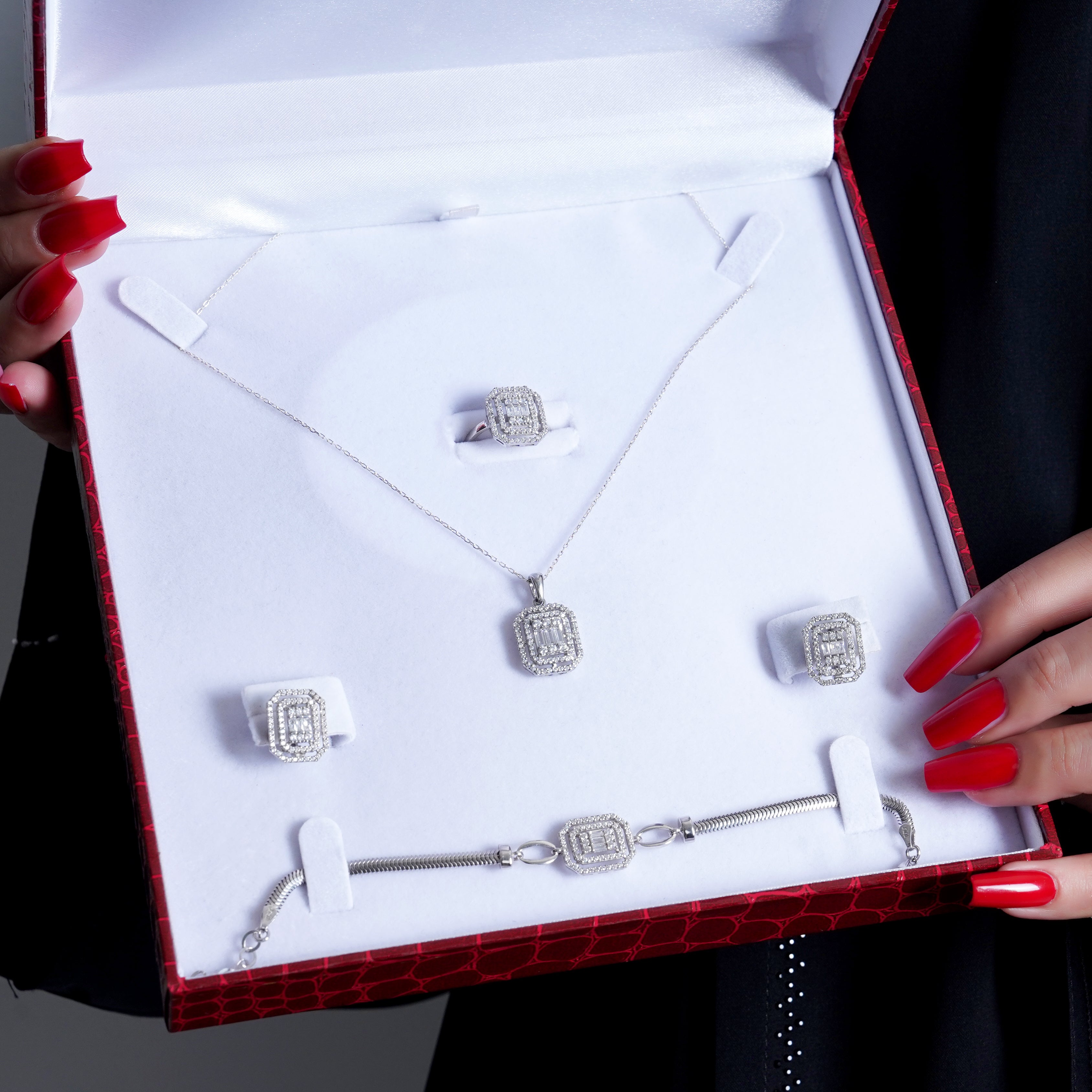 925 Silver Octagon Jewelry Set (Silver) - Leona Jewelry