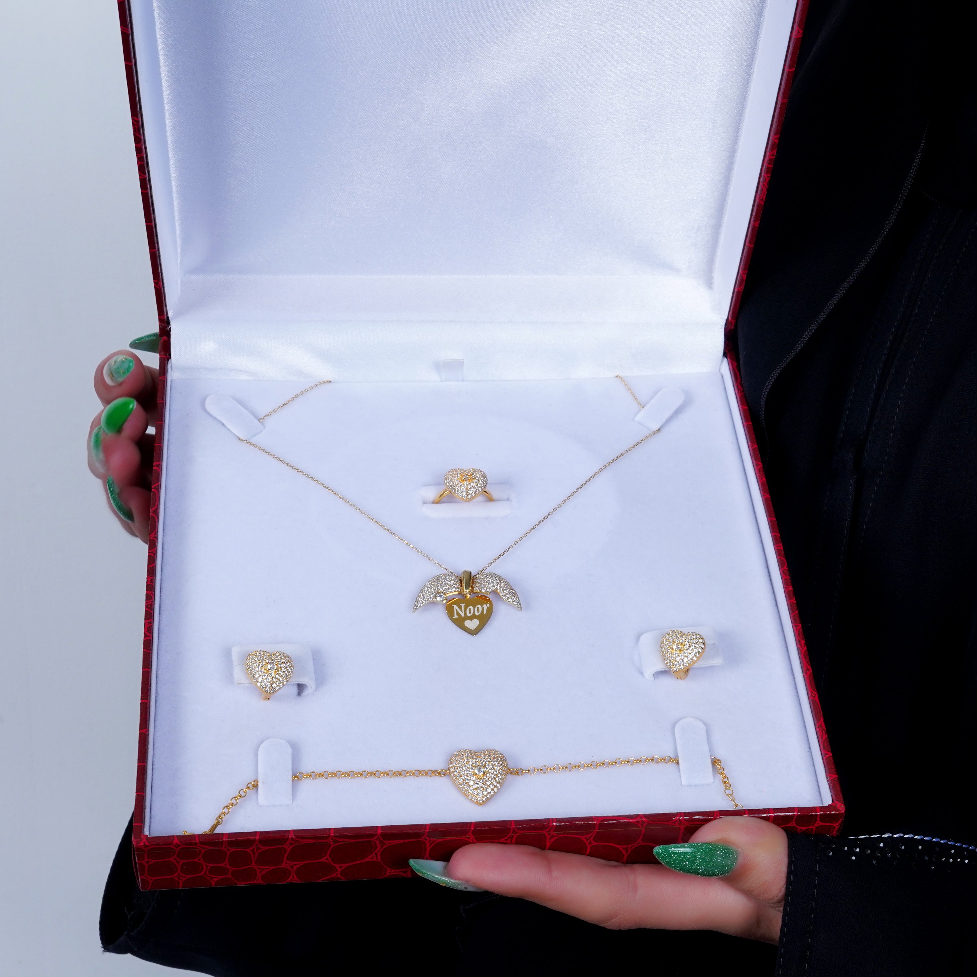 925 Silver Personalized Custom Love Heart Jewelry Set - Leona Jewelry