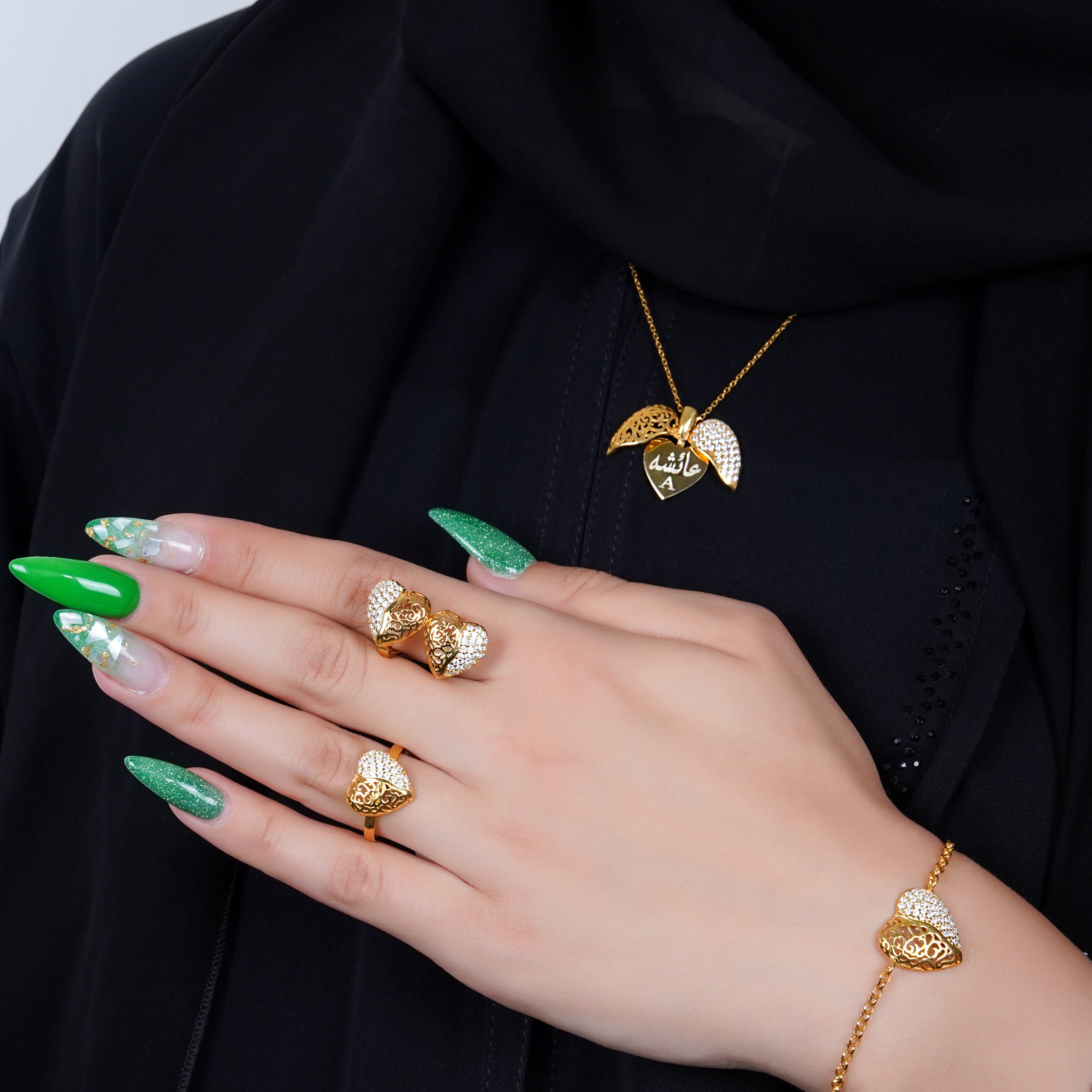 925 Silver Personalized Custom Golden Heart Jewelry Set - Leona Jewelry