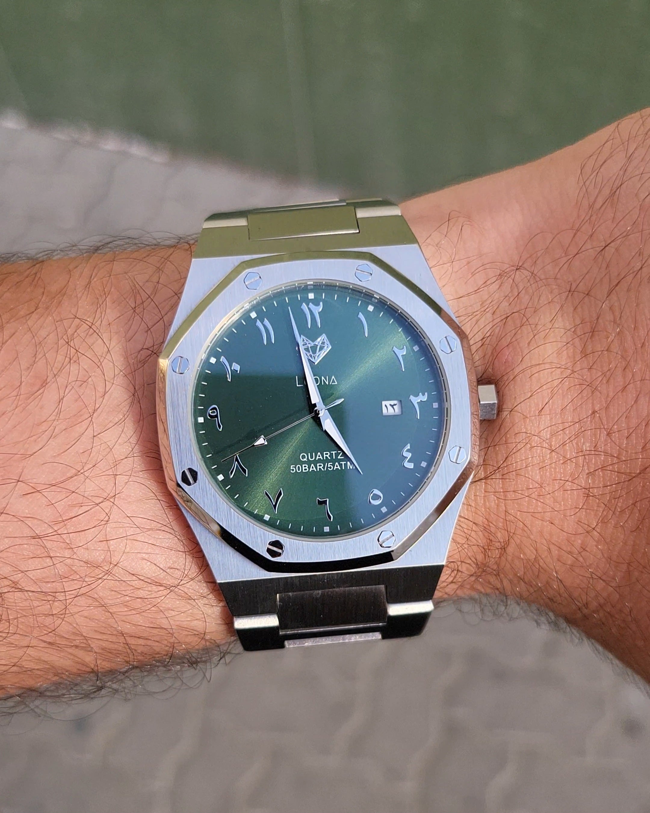 Royal Men's Watch Green – 40mm Arabic Dial, Full Steel, Japanese Quartz ,Waterproof, Ultra Thin - Leona Jewelry