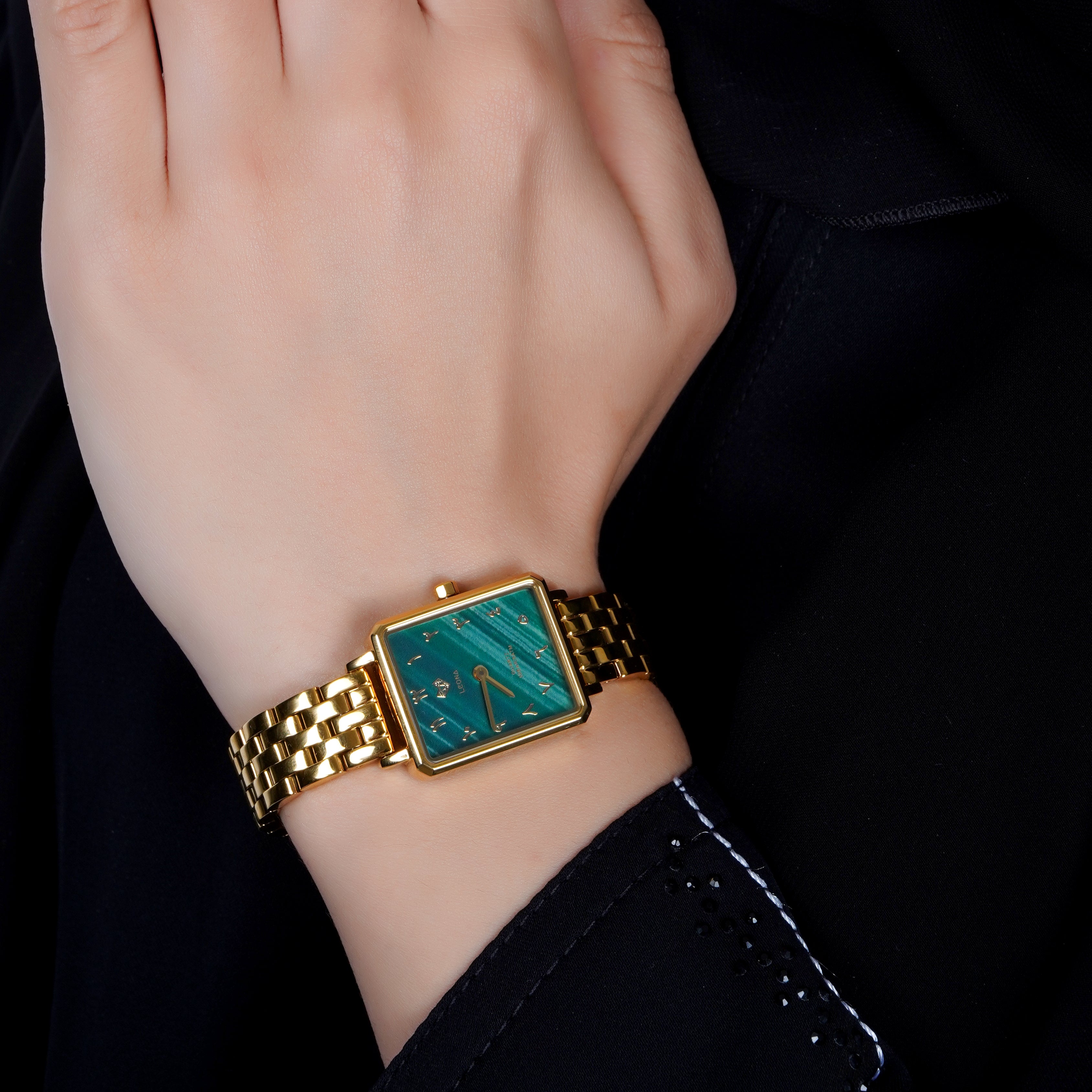 Elegance Watch Green Malachite Gold Plated - Leona Jewelry