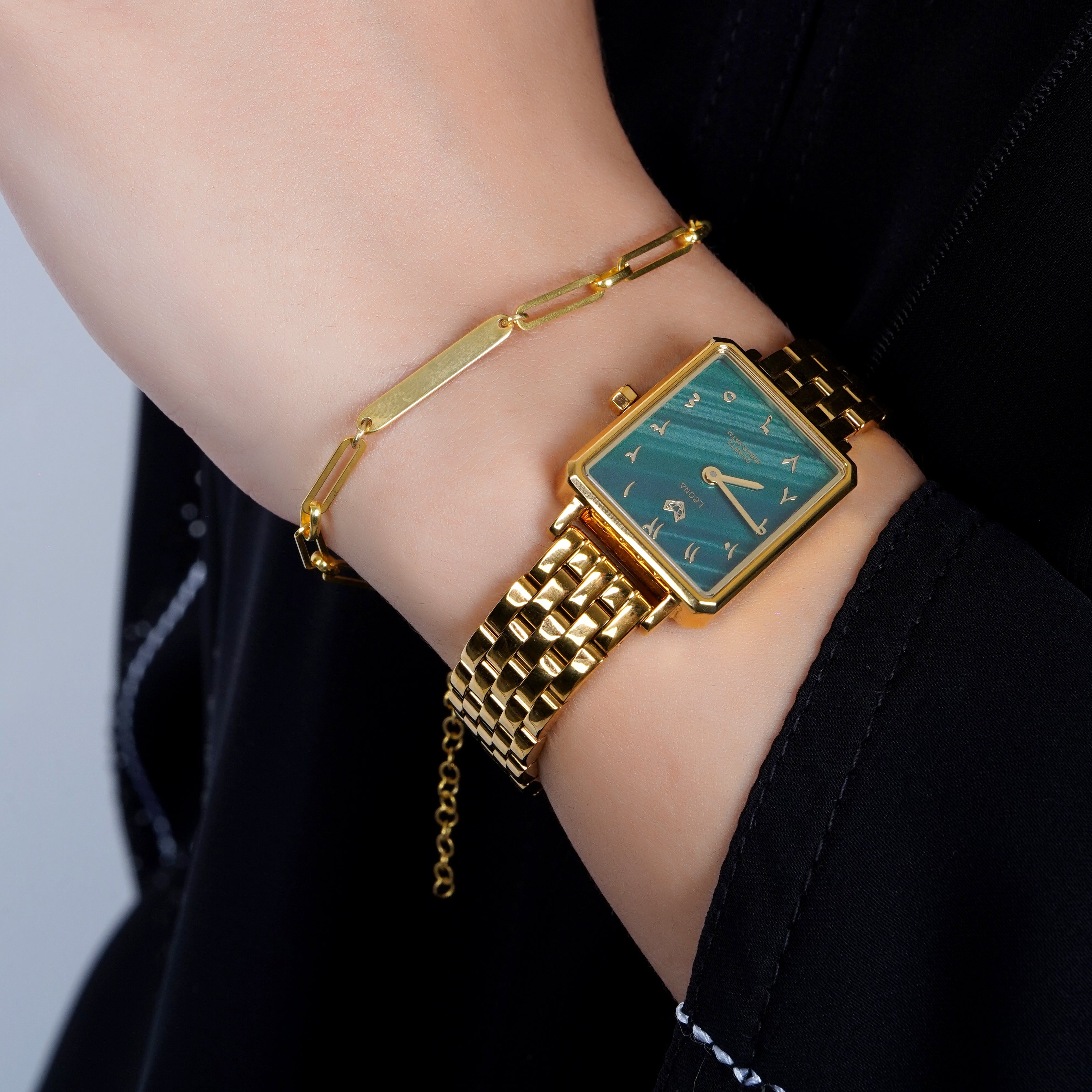 Elegance Watch Green Malachite Gold Plated - Leona Jewelry