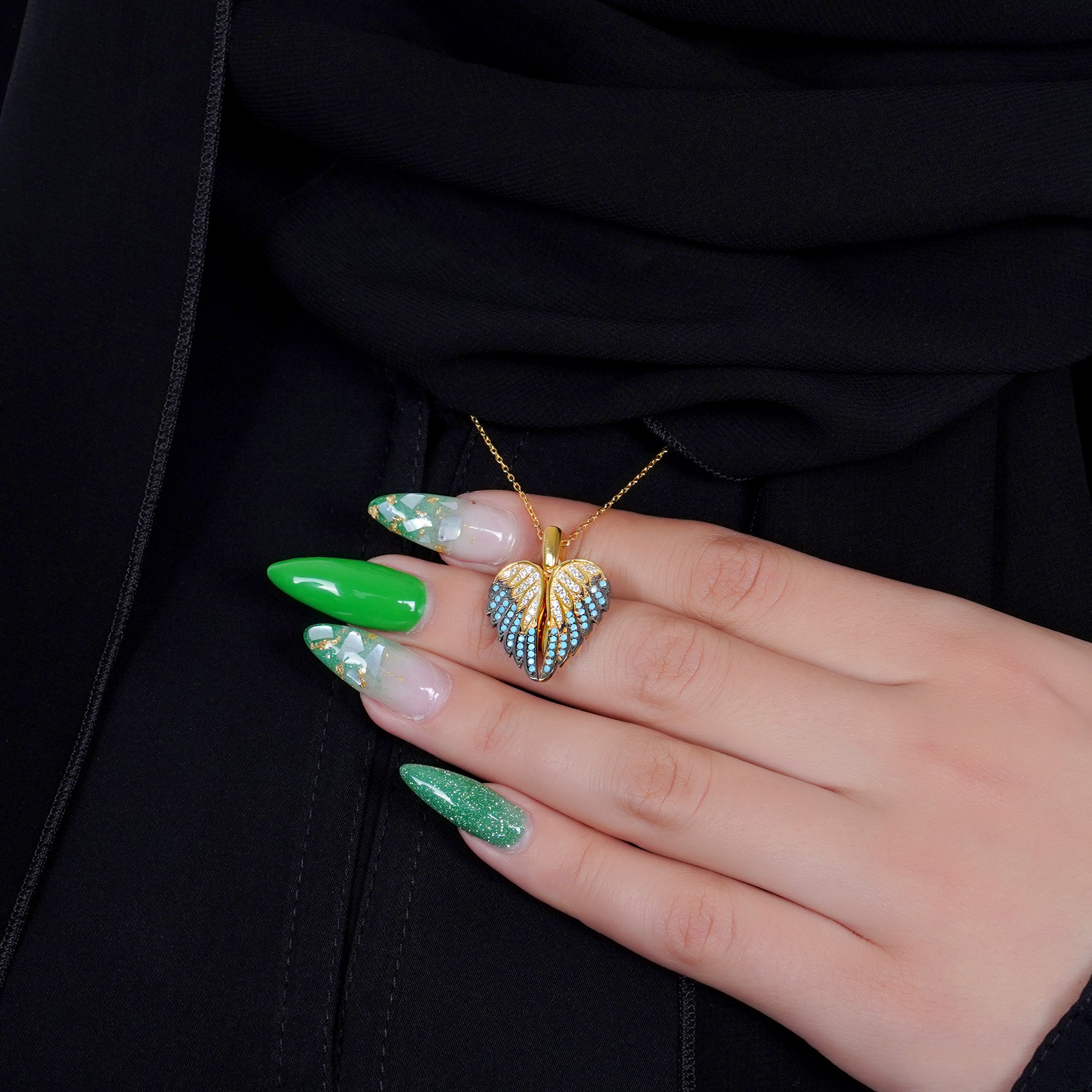 925 Silver Personalized Custom Angel Wings Name Necklace (Blue Stones) - Leona Jewelry