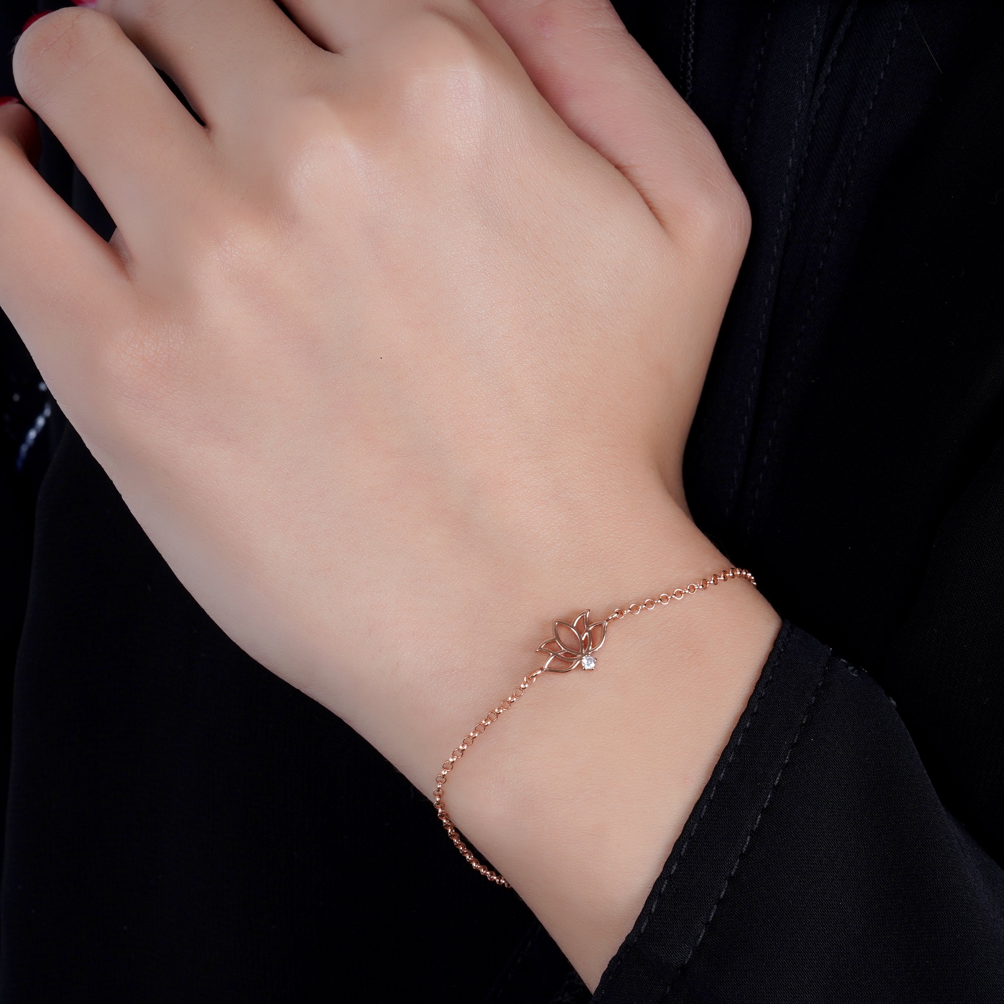 925 Silver Dainty Lotus Bracelet (Rose gold) - Leona Jewelry