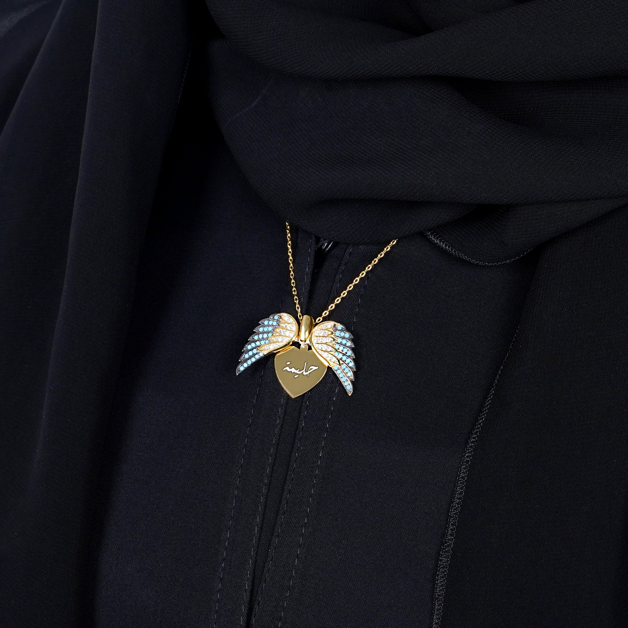 925 Silver Personalized Custom Angel Wings Name Necklace (Blue Stones) - Leona Jewelry