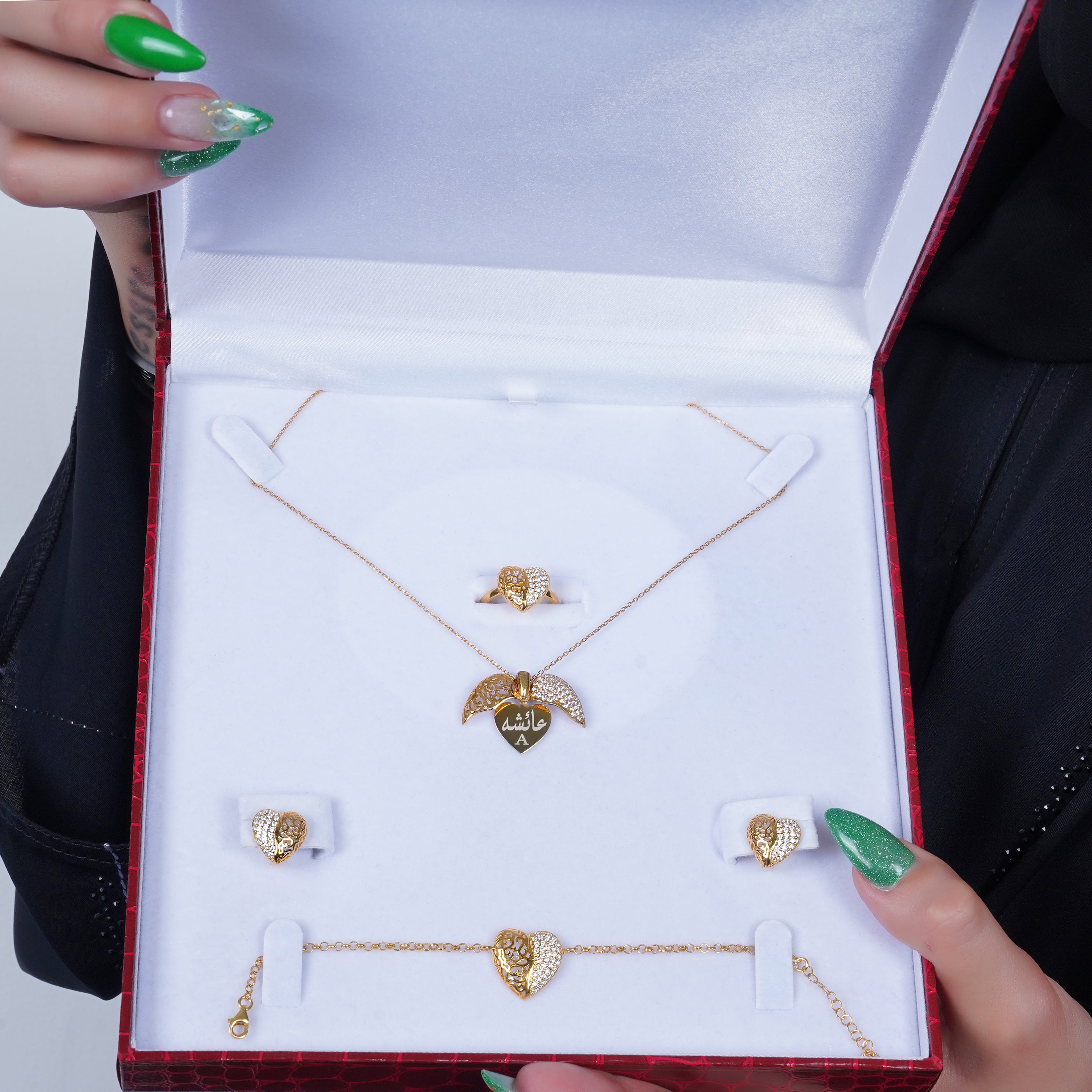 925 Silver Personalized Custom Golden Heart Jewelry Set - Leona Jewelry