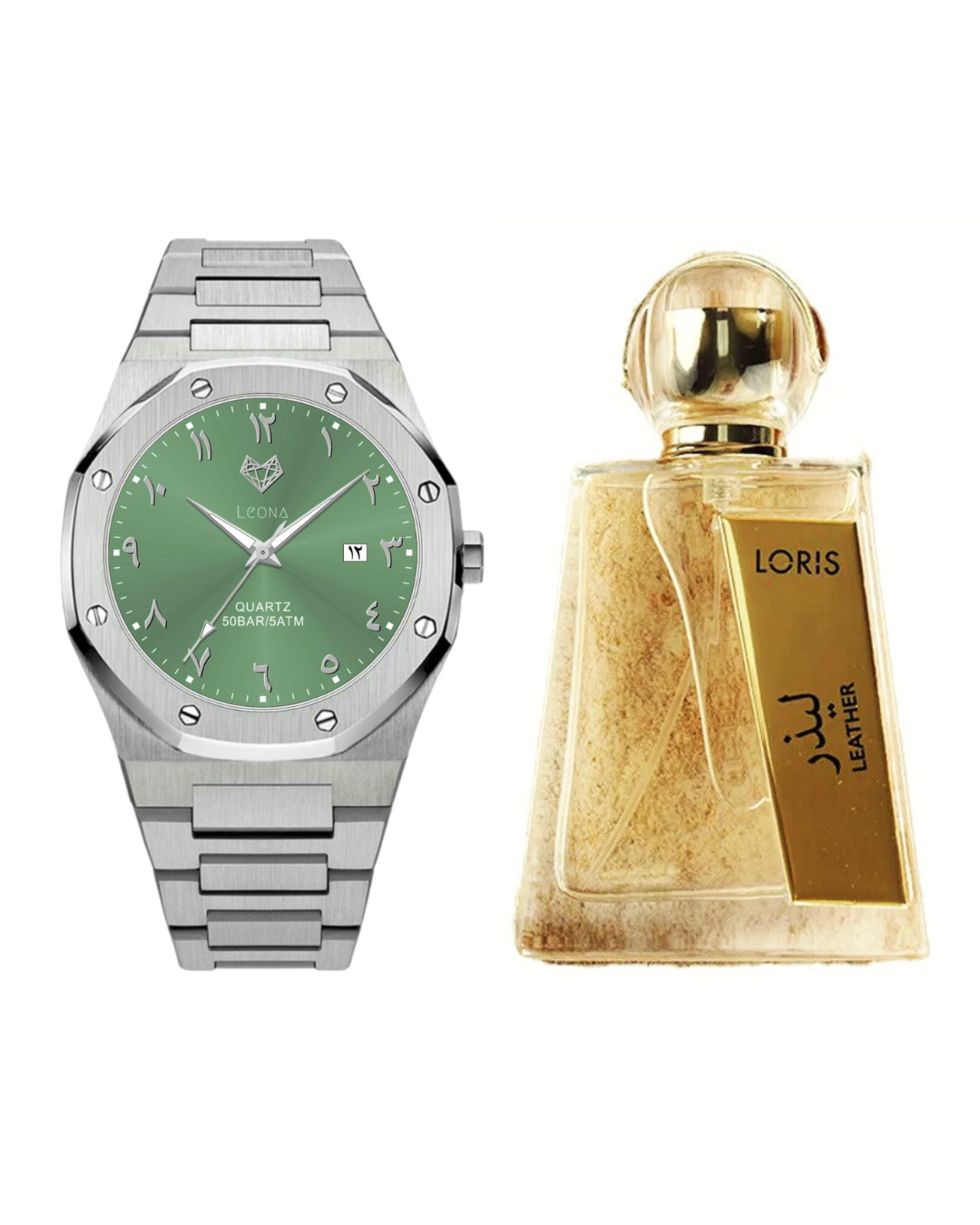 ساعة رويال رجالية أخضر + عطر ليذر - مجموعة هدية