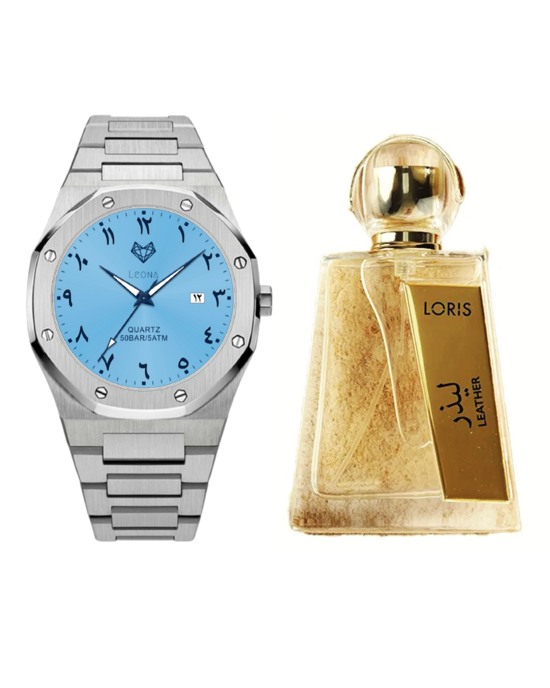 ساعة رويال رجالية أزرق + عطر ليذر - مجموعة هدية