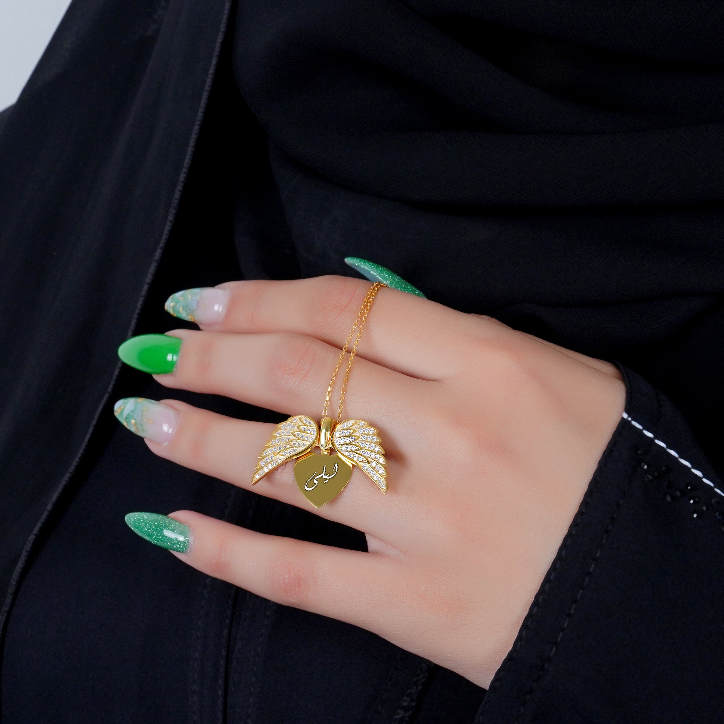 18K Pure Gold Personalized Custom Angel Wings Name Necklace (White Stones) - Leona Jewelry