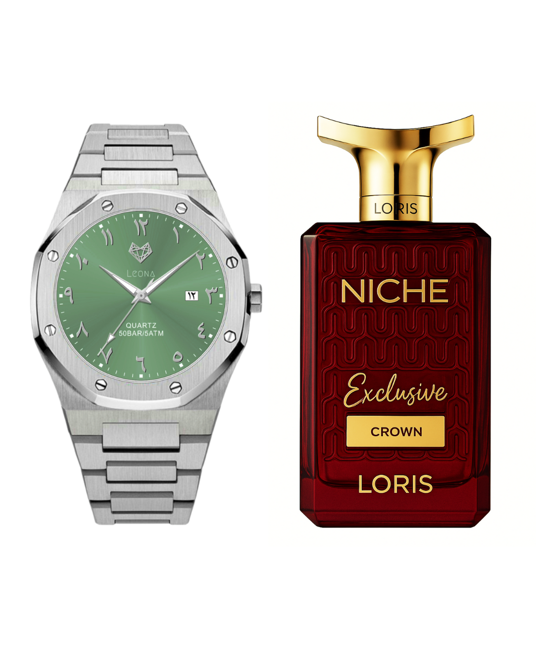 ساعة رويال رجالية أخضر + عطر كراون سموكي ليذر عنبر المجموعة الحصرية مستخلص العطر - مجموعة هدية