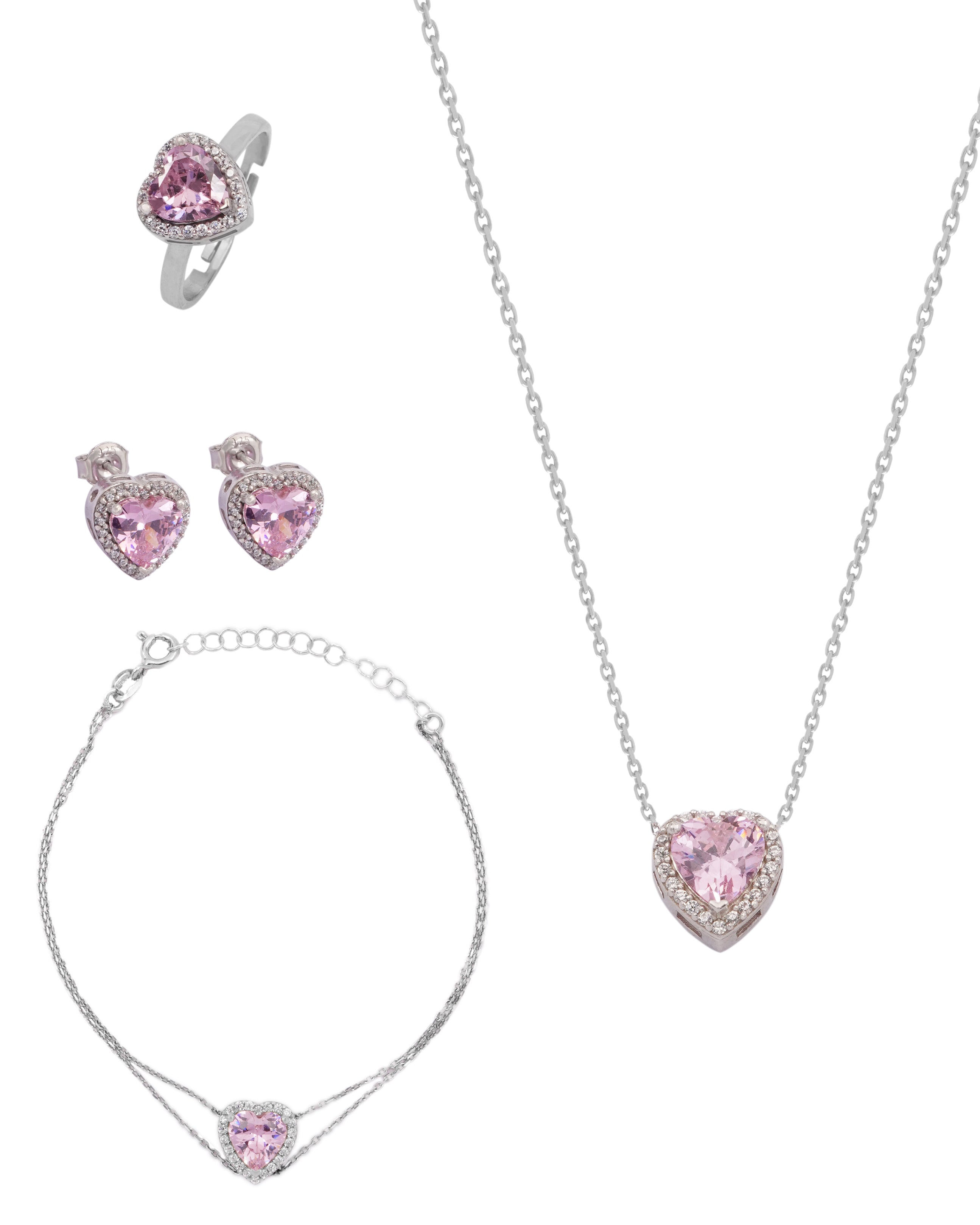 925 Silver Pink Heart Jewelry Set (Silver) - Leona Jewelry