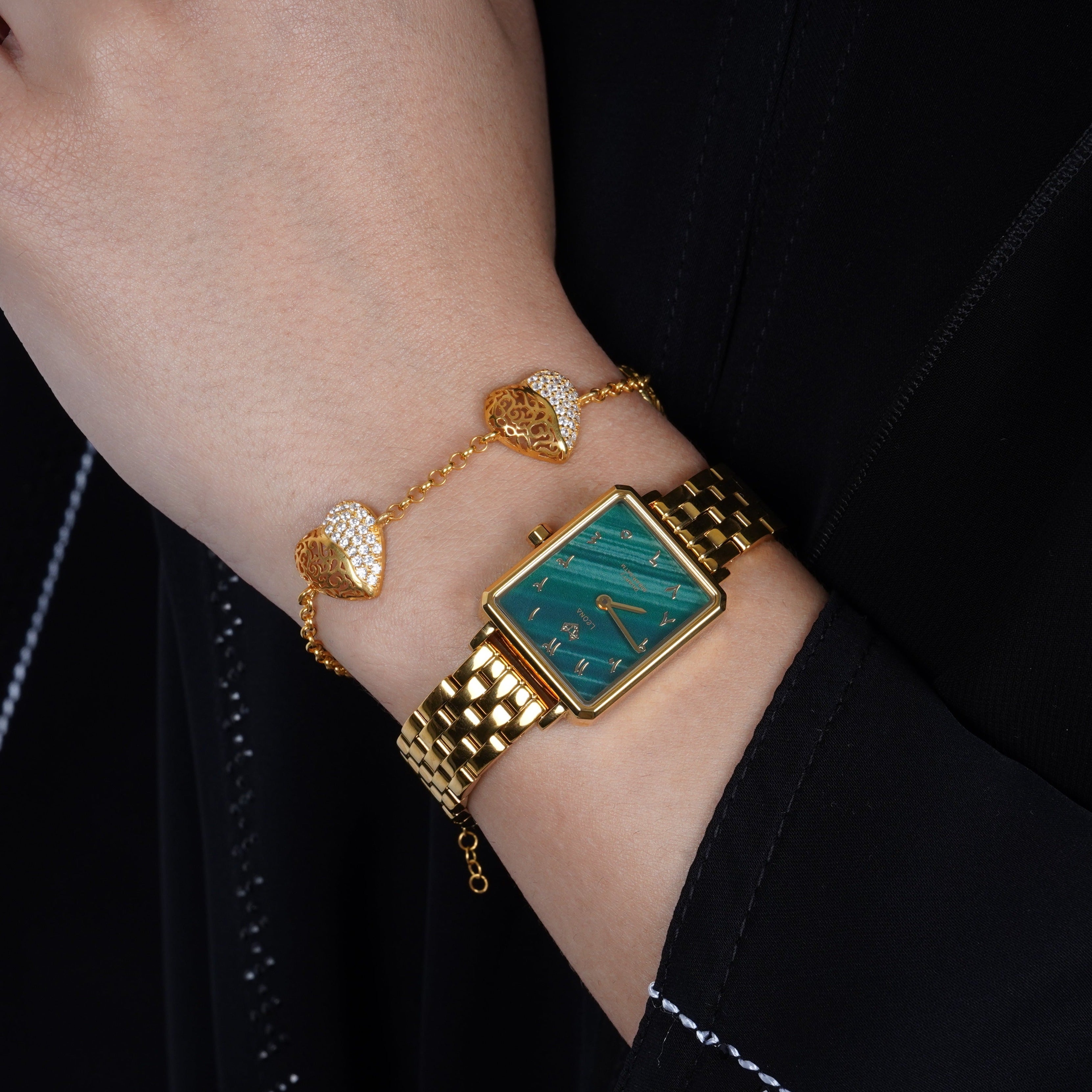 Elegance Watch Green Malachite Gold Plated - Leona Jewelry