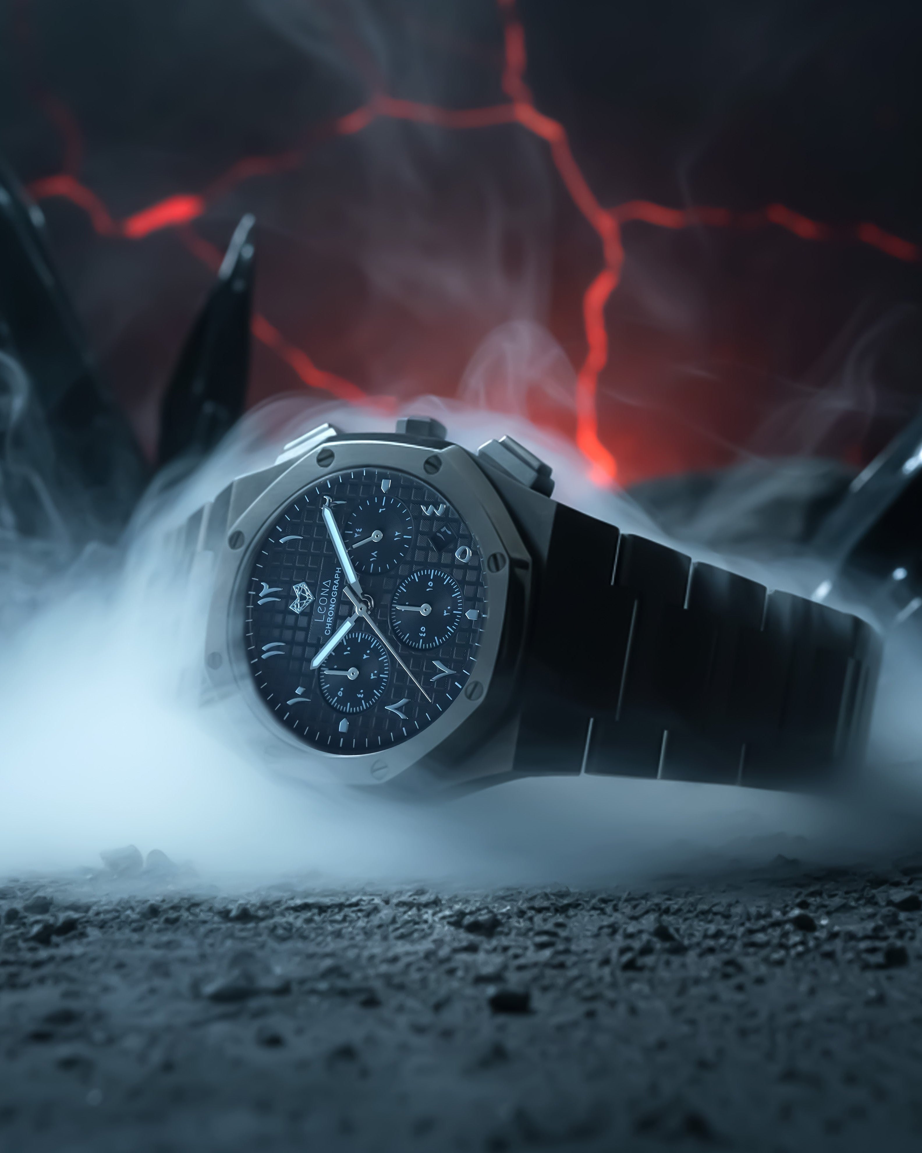 رويال كرونوجراف بلاك إيديشين فضي – فولاذ 316L بالكامل / حركة يابانية من سيكو / مضادة للماء 50 متر / كريستال ياقوتي مضاد للخدش والكسر - المجموعة الحصرية