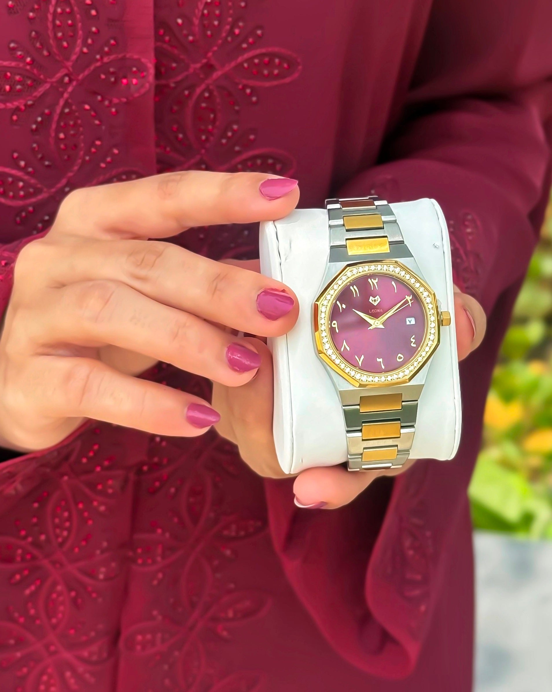 Marquise (Burgundy Red) – Full Steel, Japanese Movement, Waterproof, Gold Plated