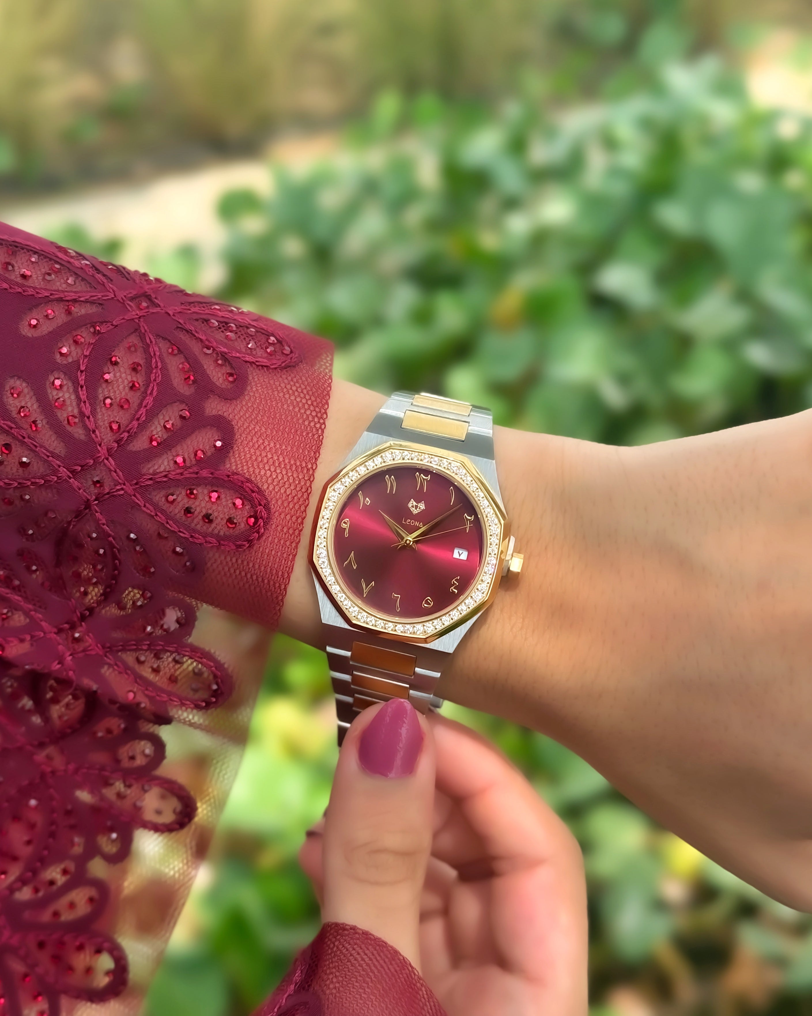 Marquise (Burgundy Red) – Full Steel, Japanese Movement, Waterproof, Gold Plated