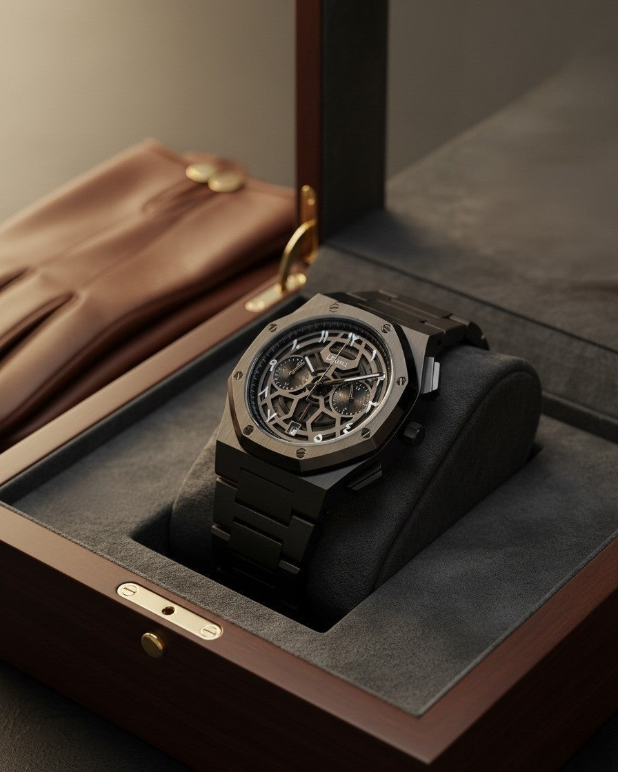 Royal Skeleton Black - 40mm / Full 316L Steel / Japanese Dual-Time Movement / Waterproof - Exclusive Collection