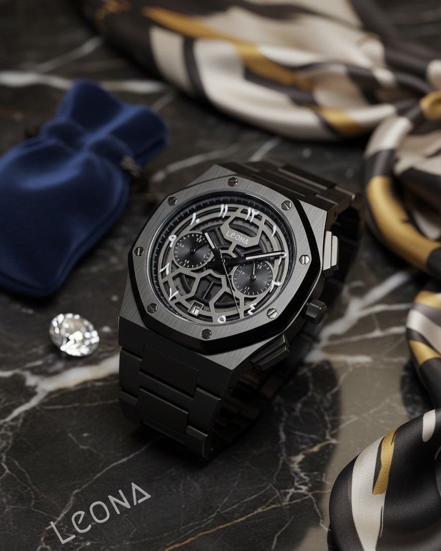 Royal Skeleton Black - 40mm / Full 316L Steel / Japanese Dual-Time Movement / Waterproof - Exclusive Collection