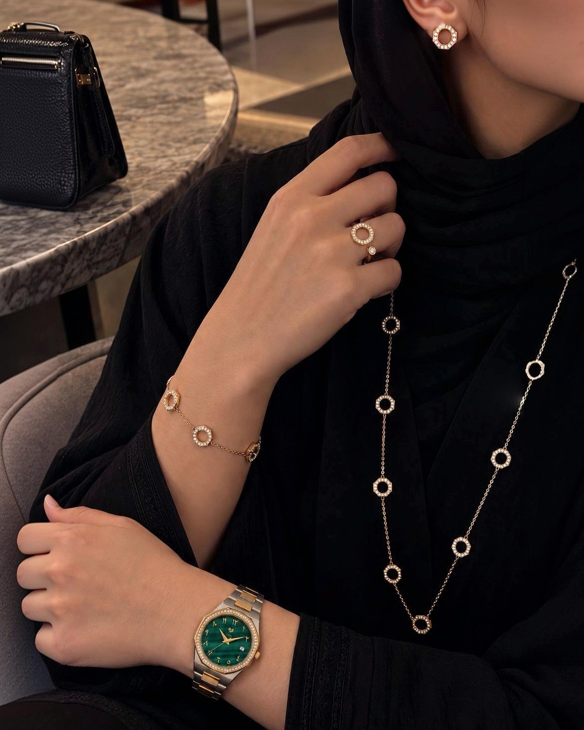 Marquise Malachite Green + 5 Pieces Fine 925 Silver Jewelry Set