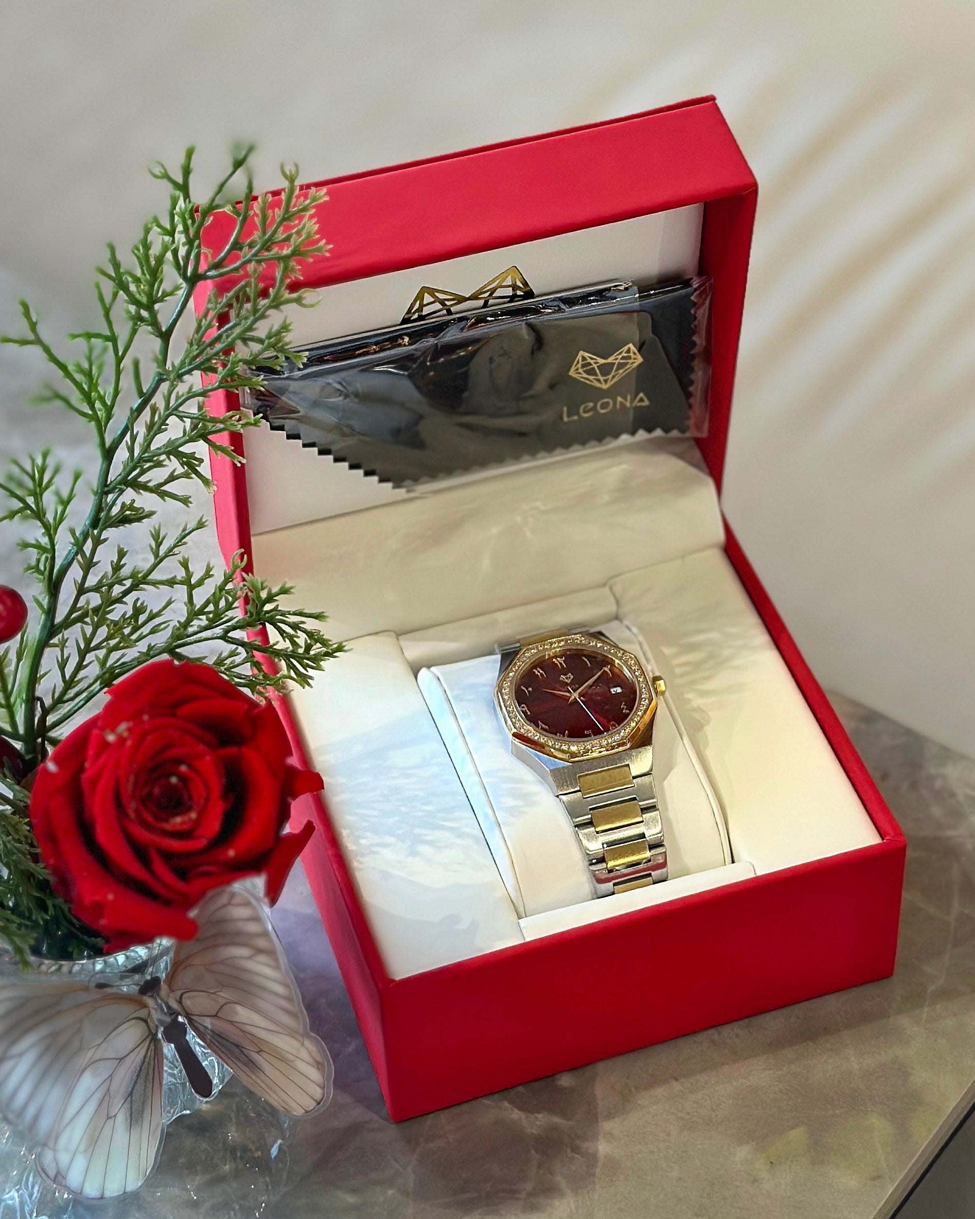 Marquise (Burgundy Red) – Full Steel, Japanese Movement, Waterproof, Gold Plated