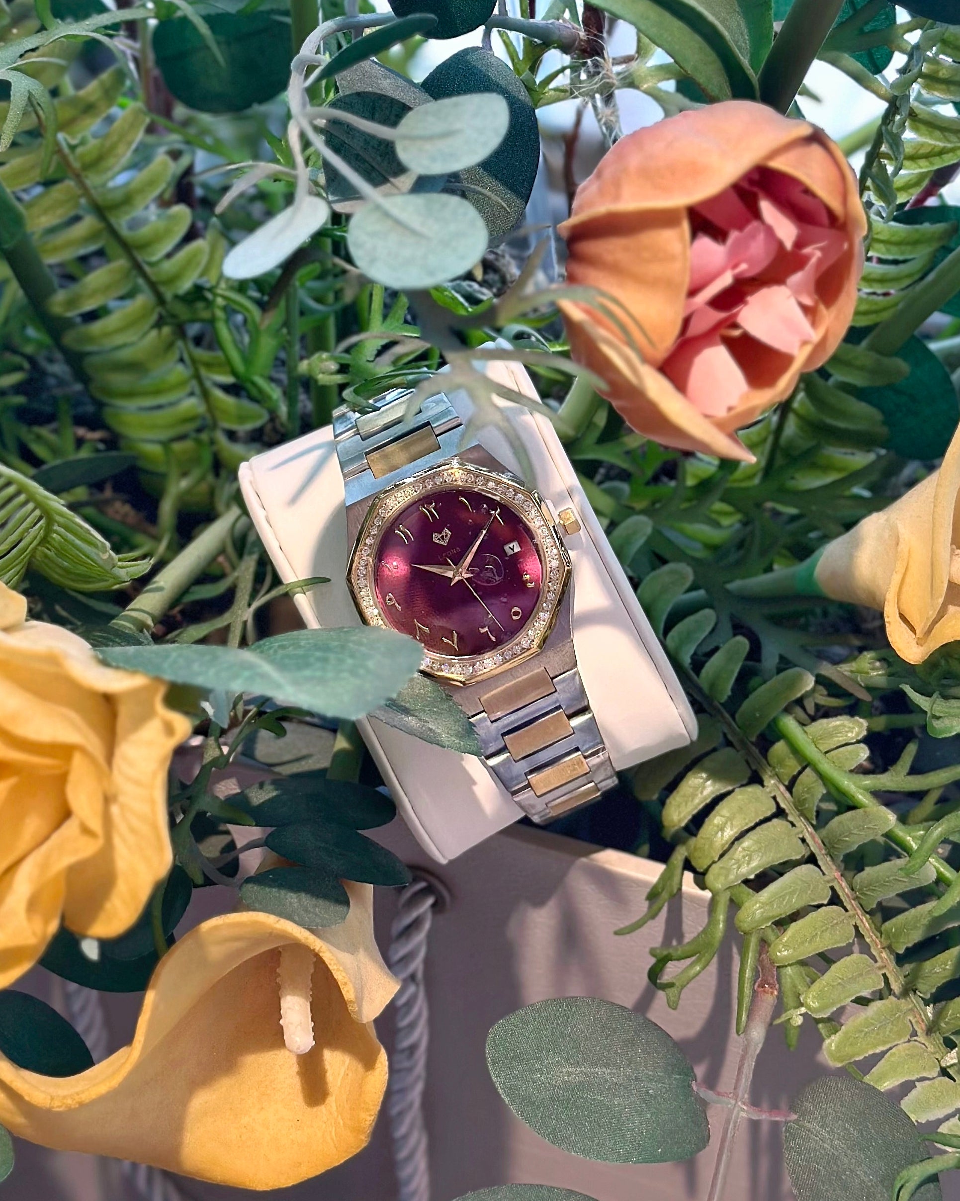 Marquise (Burgundy Red) – Full Steel, Japanese Movement, Waterproof, Gold Plated