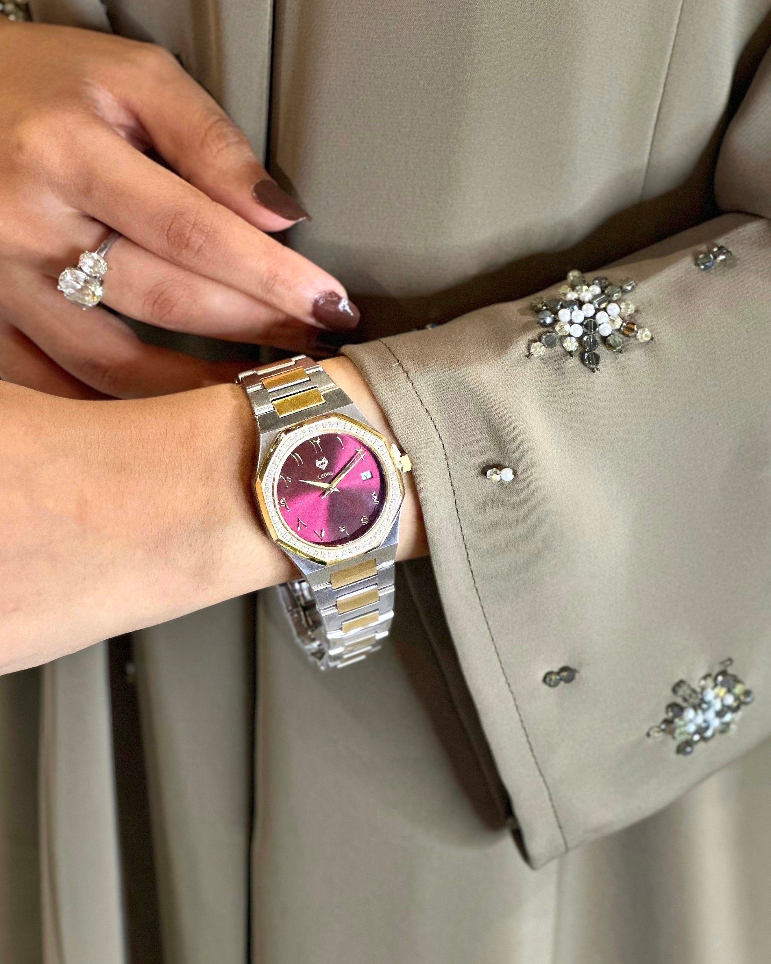 Marquise (Burgundy Red) – Full Steel, Japanese Movement, Waterproof, Gold Plated