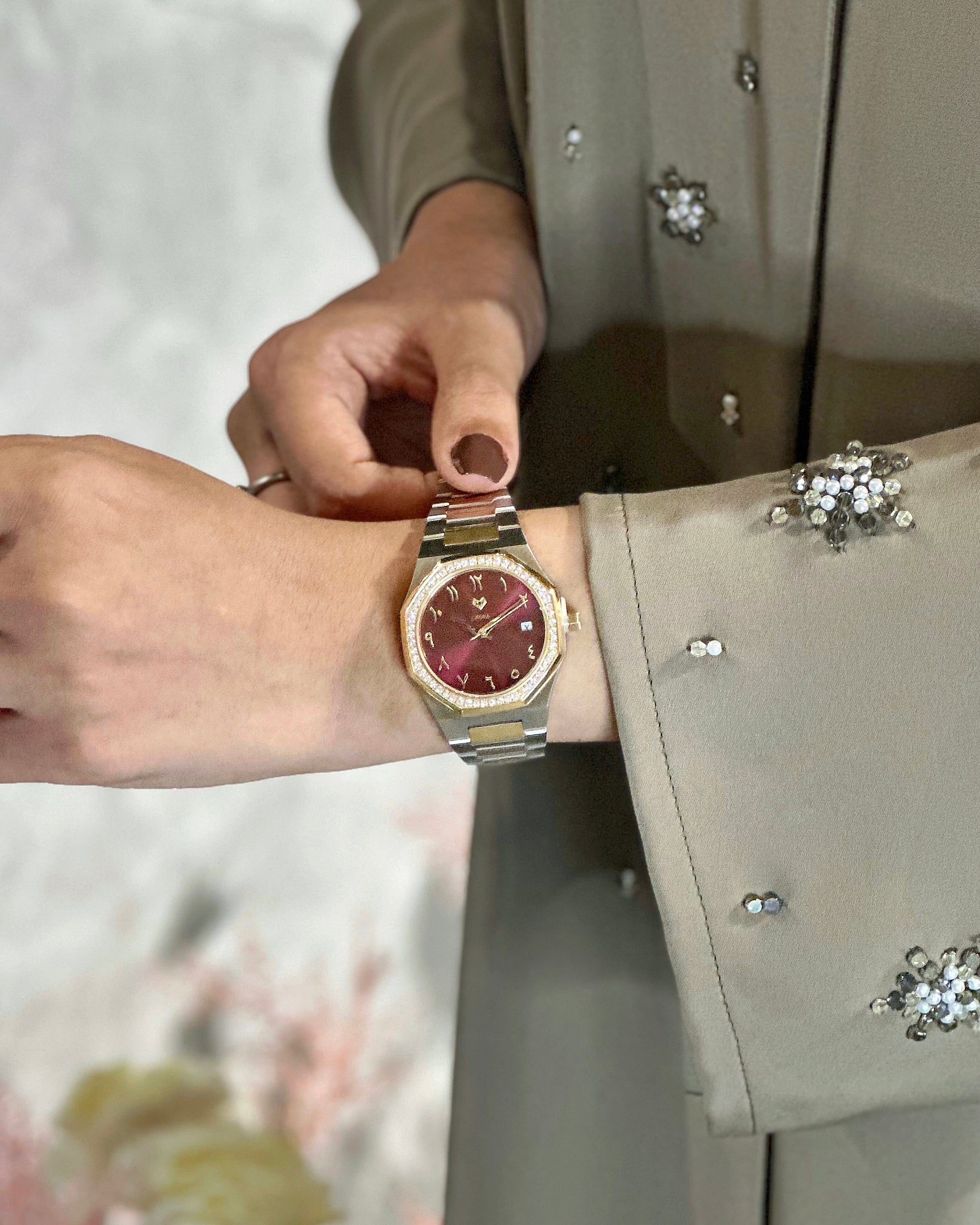 Marquise (Burgundy Red) – Full Steel, Japanese Movement, Waterproof, Gold Plated