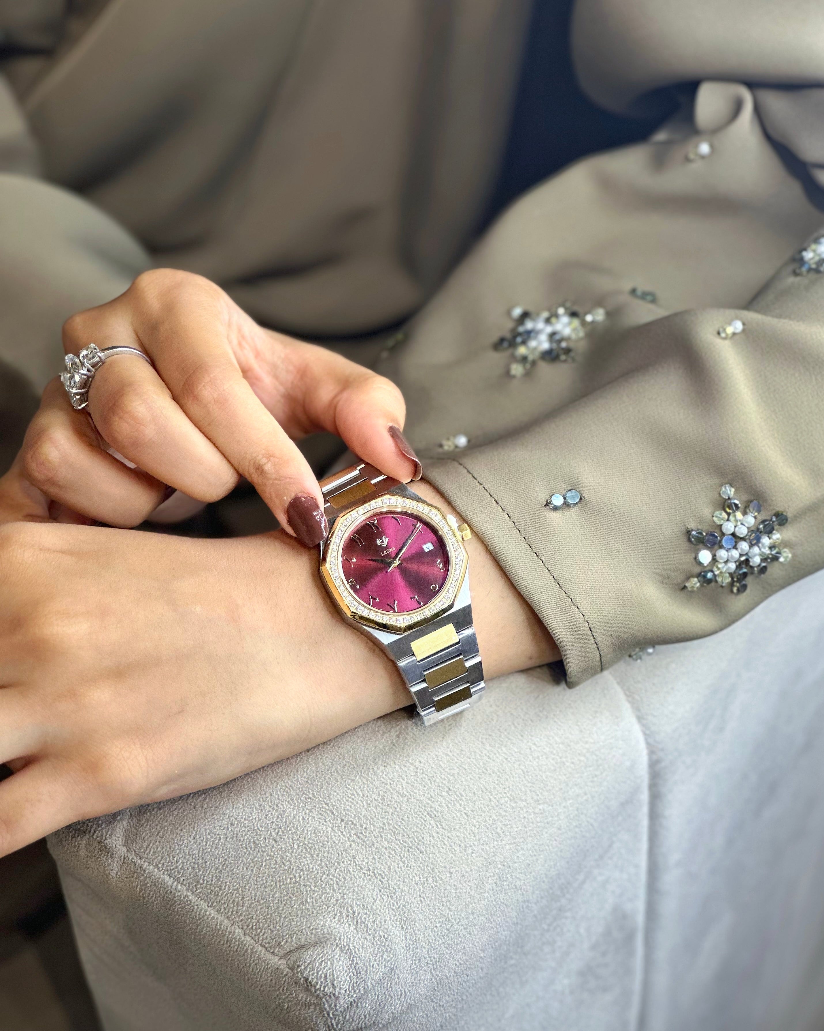 Marquise (Burgundy Red) – Full Steel, Japanese Movement, Waterproof, Gold Plated