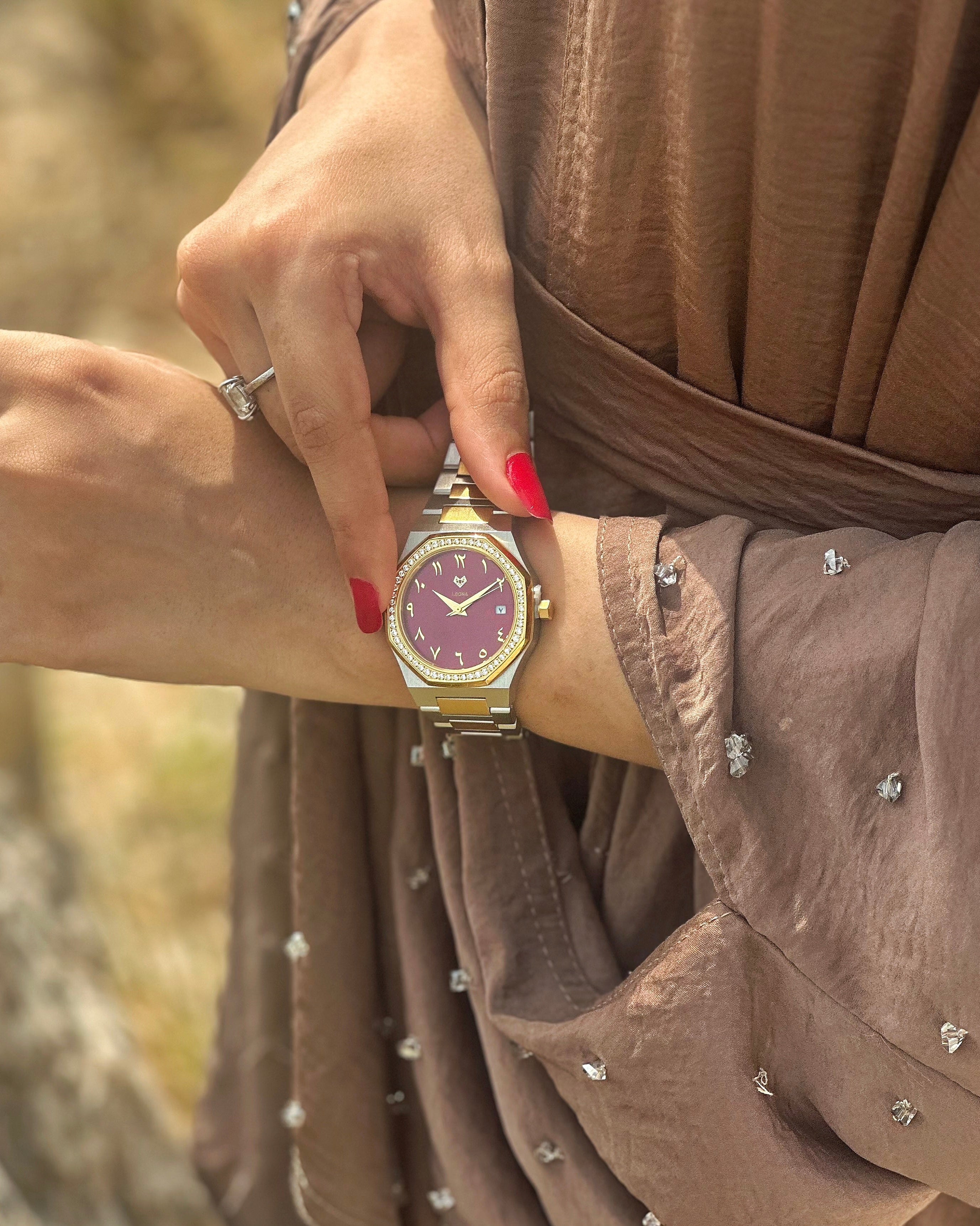 Marquise (Burgundy Red) – Full Steel, Japanese Movement, Waterproof, Gold Plated