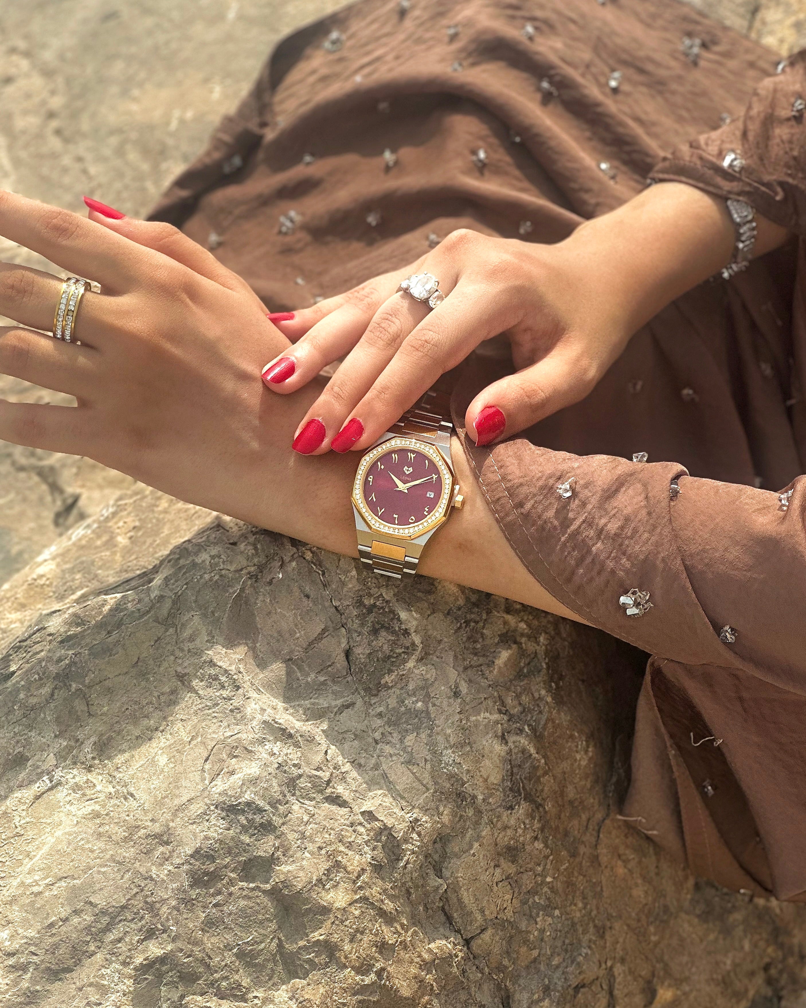 Marquise (Burgundy Red) – Full Steel, Japanese Movement, Waterproof, Gold Plated