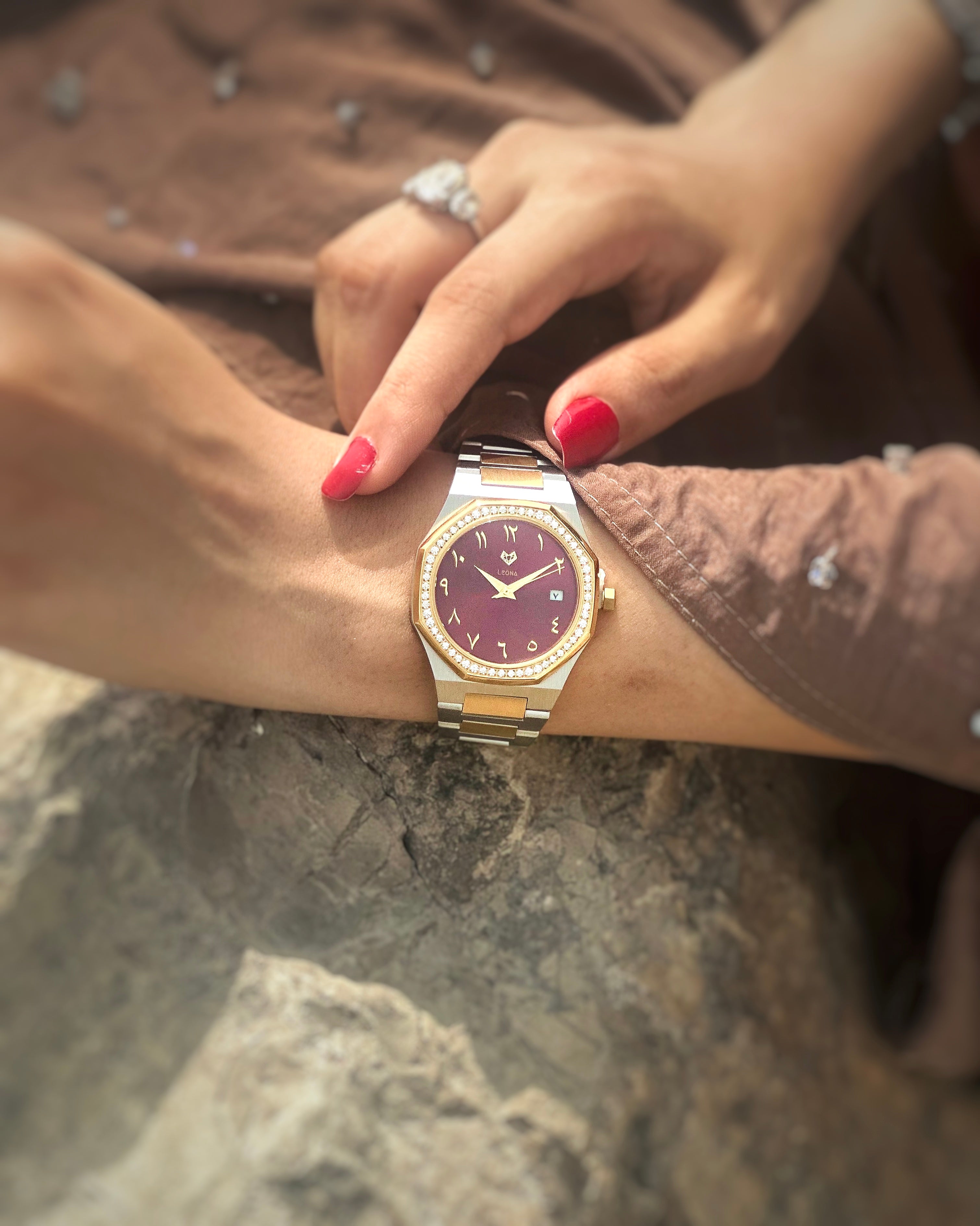 Marquise (Burgundy Red) – Full Steel, Japanese Movement, Waterproof, Gold Plated