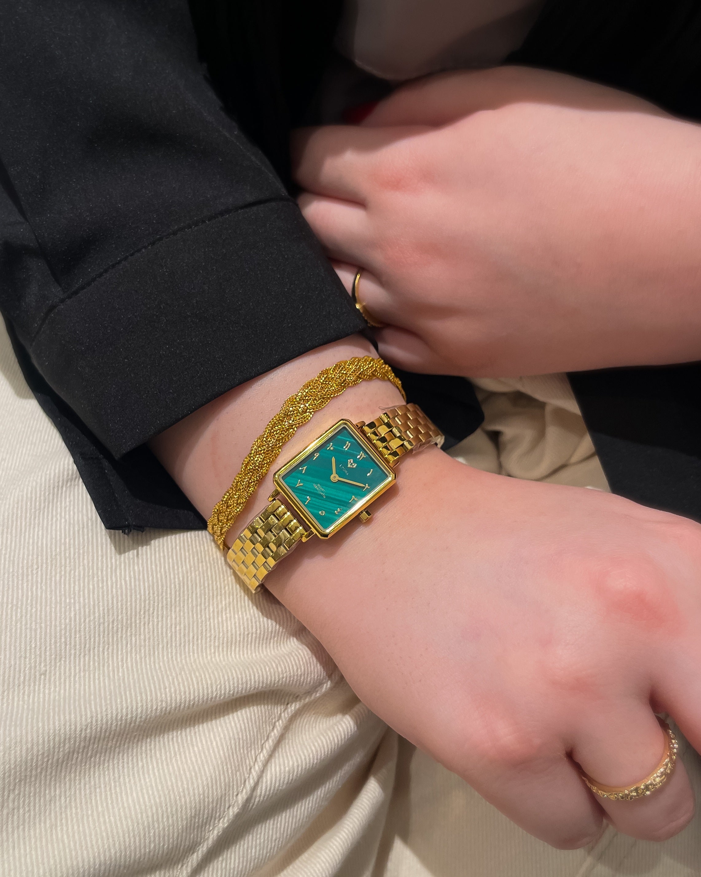 Elegance Watch Green Malachite Gold Plated - Leona Jewelry