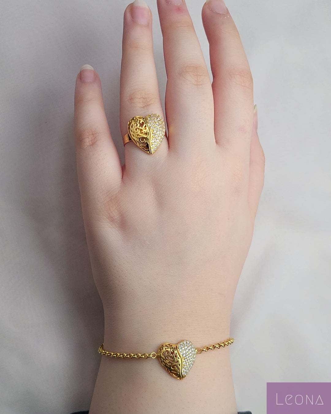 925 Silver Golden Heart Ring - Leona Jewelry