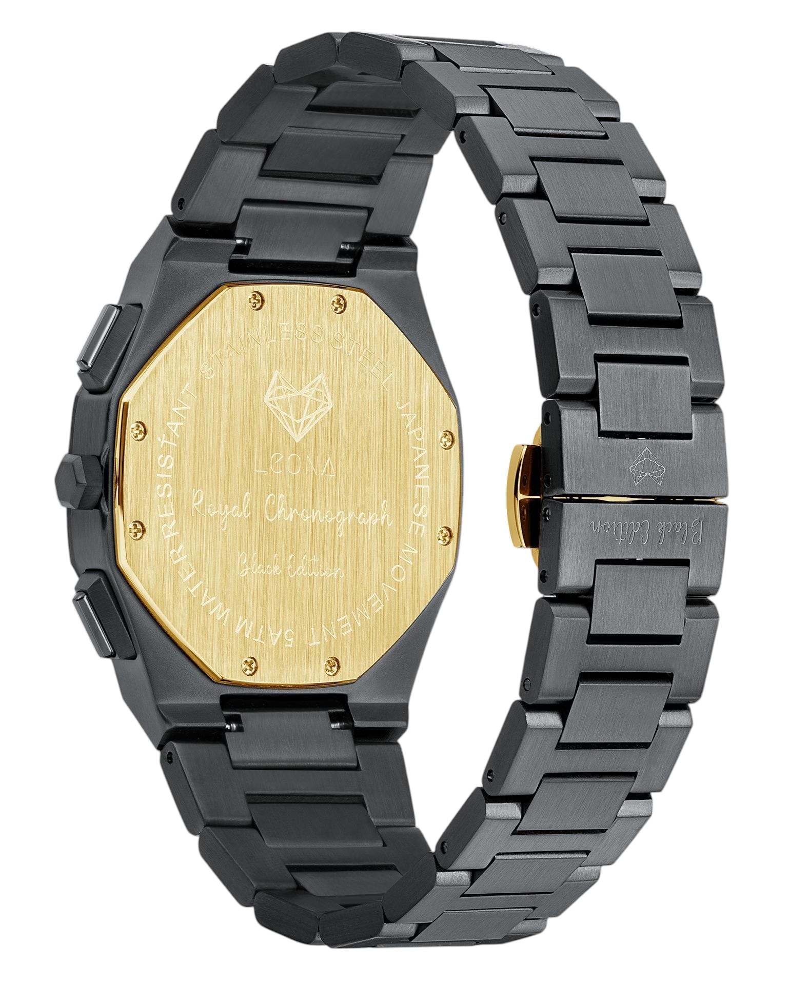 رويال كرونوجراف بلاك إيديشين ذهبي – فولاذ 316L بالكامل / حركة يابانية من سيكو / مضادة للماء 50 متر / كريستال ياقوتي مضاد للخدش والكسر - المجموعة الحصرية