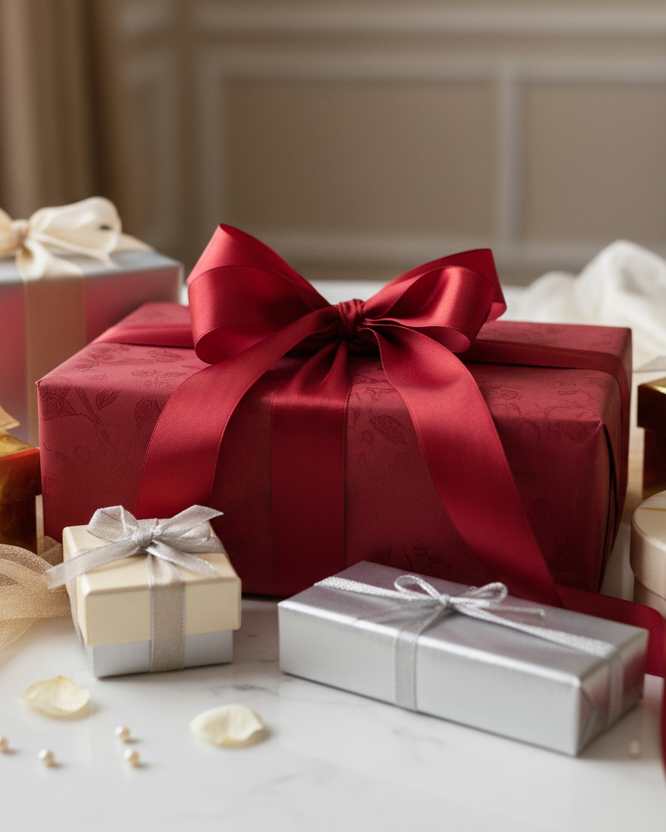 Decorative gift boxes with ribbons on a light surface