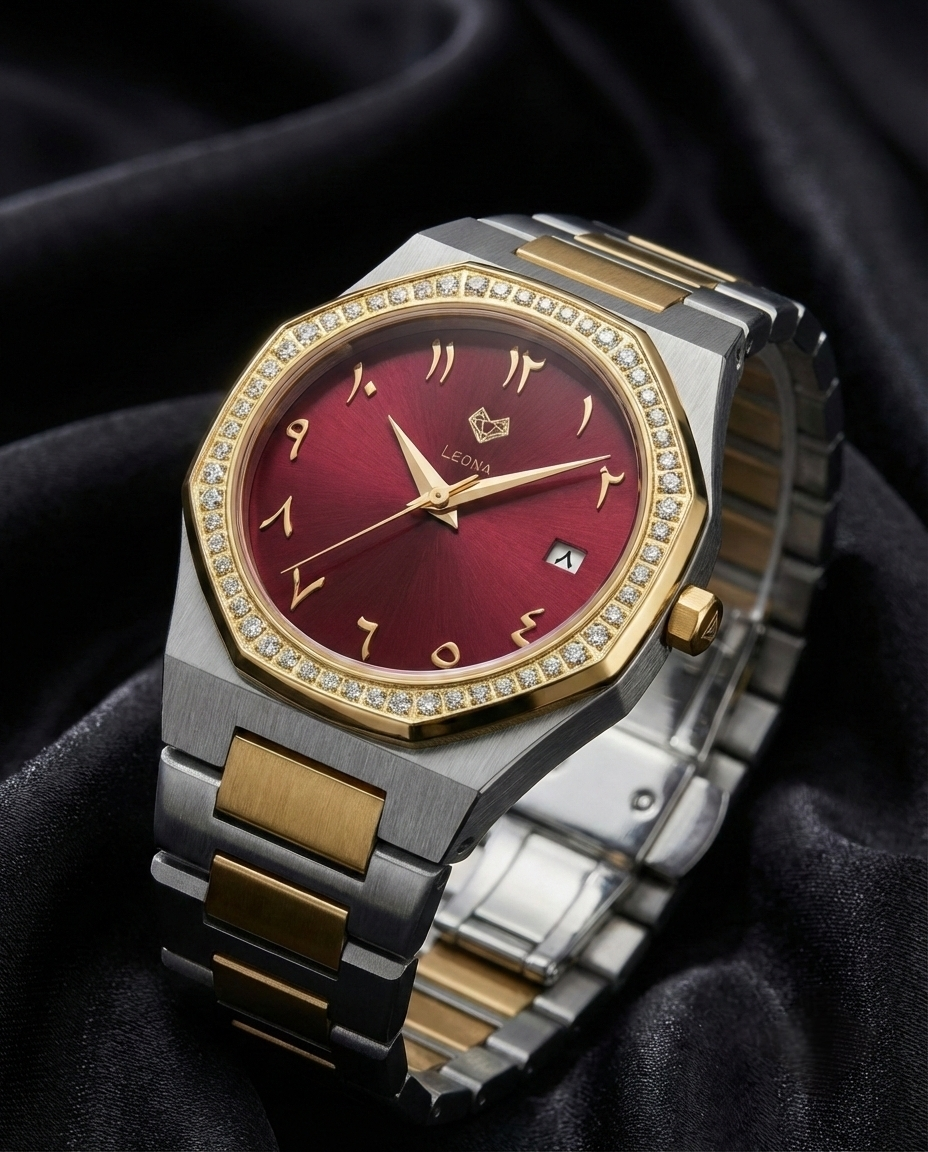 Marquise (Burgundy Red) – Full Steel, Japanese Movement, Waterproof, Gold Plated