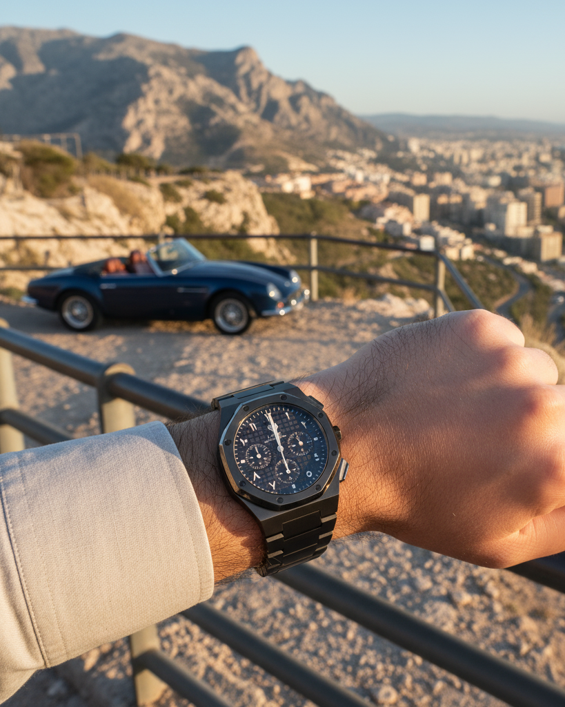 رويال كرونوجراف بلاك إيديشين فضي – فولاذ 316L بالكامل / حركة يابانية من سيكو / مضادة للماء 50 متر / كريستال ياقوتي مضاد للخدش والكسر - المجموعة الحصرية