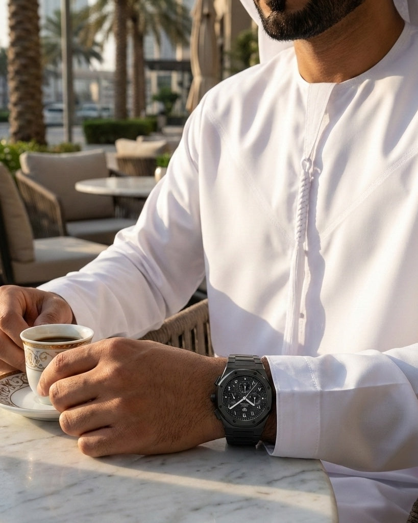 رويال كرونوجراف بلاك إيديشين فضي – فولاذ 316L بالكامل / حركة يابانية من سيكو / مضادة للماء 50 متر / كريستال ياقوتي مضاد للخدش والكسر - المجموعة الحصرية