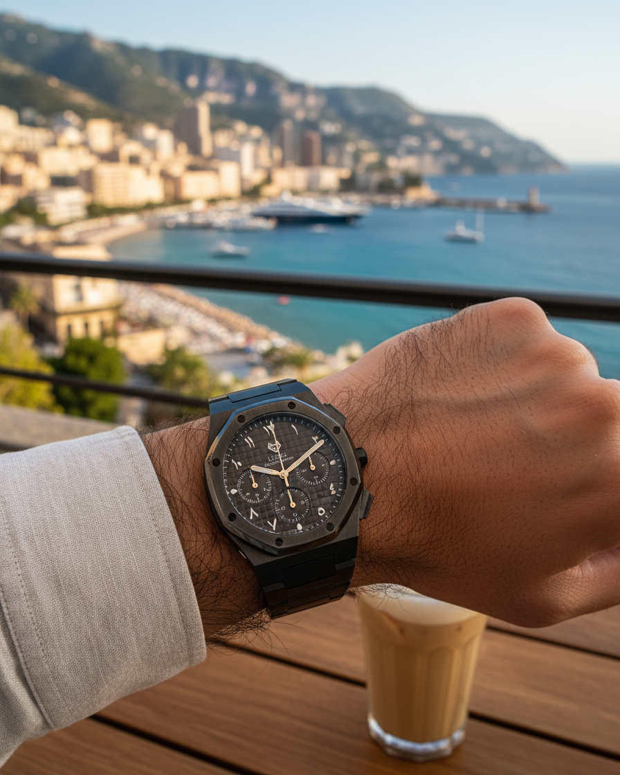 رويال كرونوجراف بلاك إيديشين فضي – فولاذ 316L بالكامل / حركة يابانية من سيكو / مضادة للماء 50 متر / كريستال ياقوتي مضاد للخدش والكسر - المجموعة الحصرية