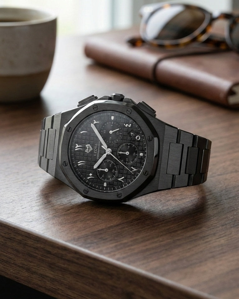 رويال كرونوجراف بلاك إيديشين فضي – فولاذ 316L بالكامل / حركة يابانية من سيكو / مضادة للماء 50 متر / كريستال ياقوتي مضاد للخدش والكسر - المجموعة الحصرية