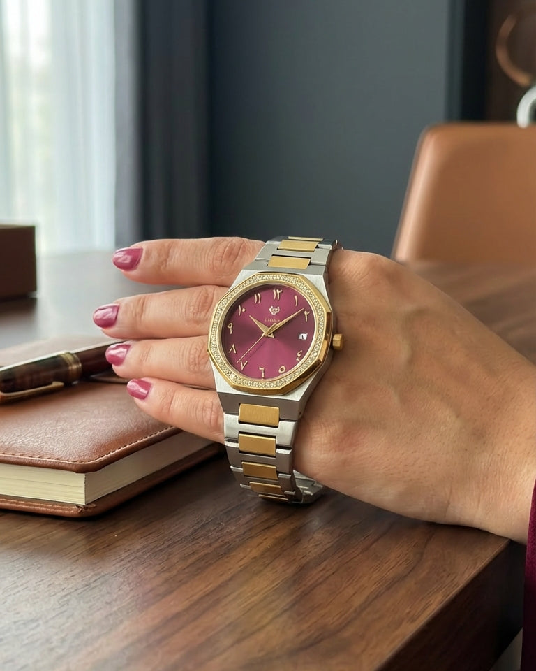Marquise (Burgundy Red) – Full Steel, Japanese Movement, Waterproof, Gold Plated