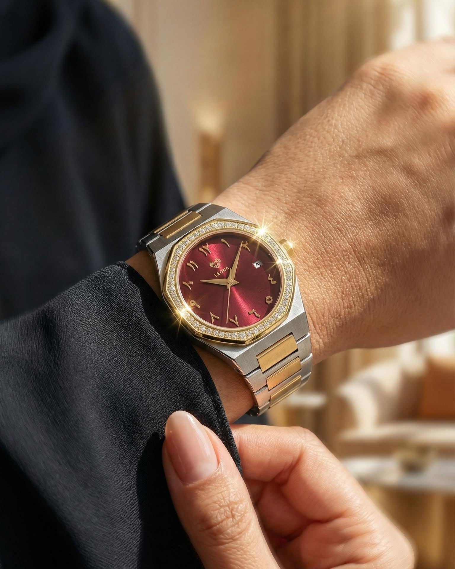 Marquise (Burgundy Red) – Full Steel, Japanese Movement, Waterproof, Gold Plated